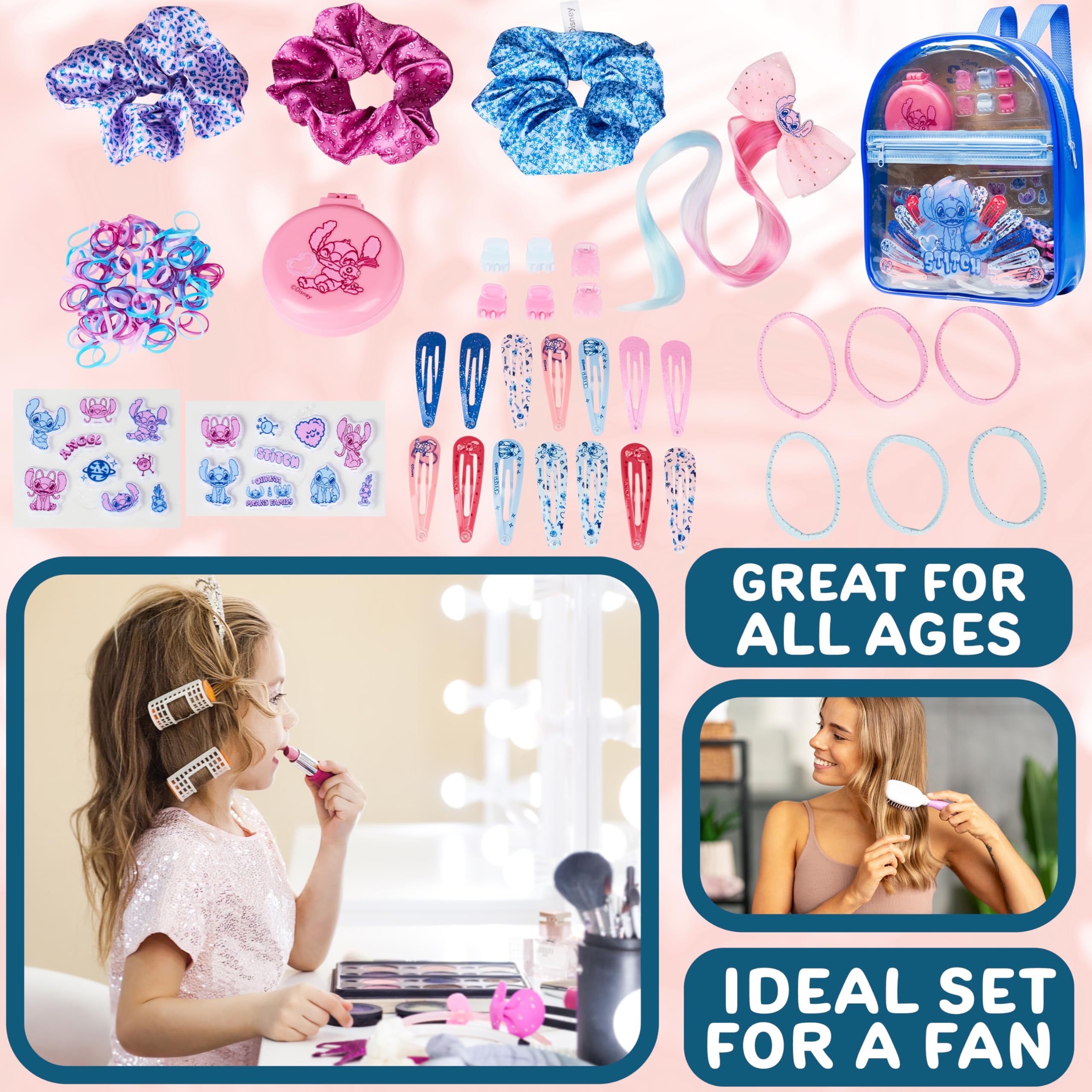 Get Trend Disney Stitch Coffret Accessoires Cheveux Fille avec Sac à Dos Transparent, Barrettes, Stickers, Brosse Pliable, Chouchous, Cadeau Enfant ( Bleu Stitch)