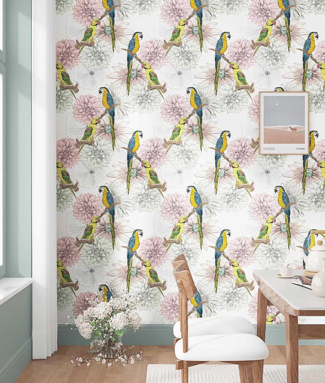 Pink Floral Wallpaper Peel and Stick Bird Wallpaper Vintage Blue/Green Parrot Contact Paper Chinoiserie Self Adhesive Contact Paper for Walls Bedroom Cabinets Renter Friendly 17.5"x102"