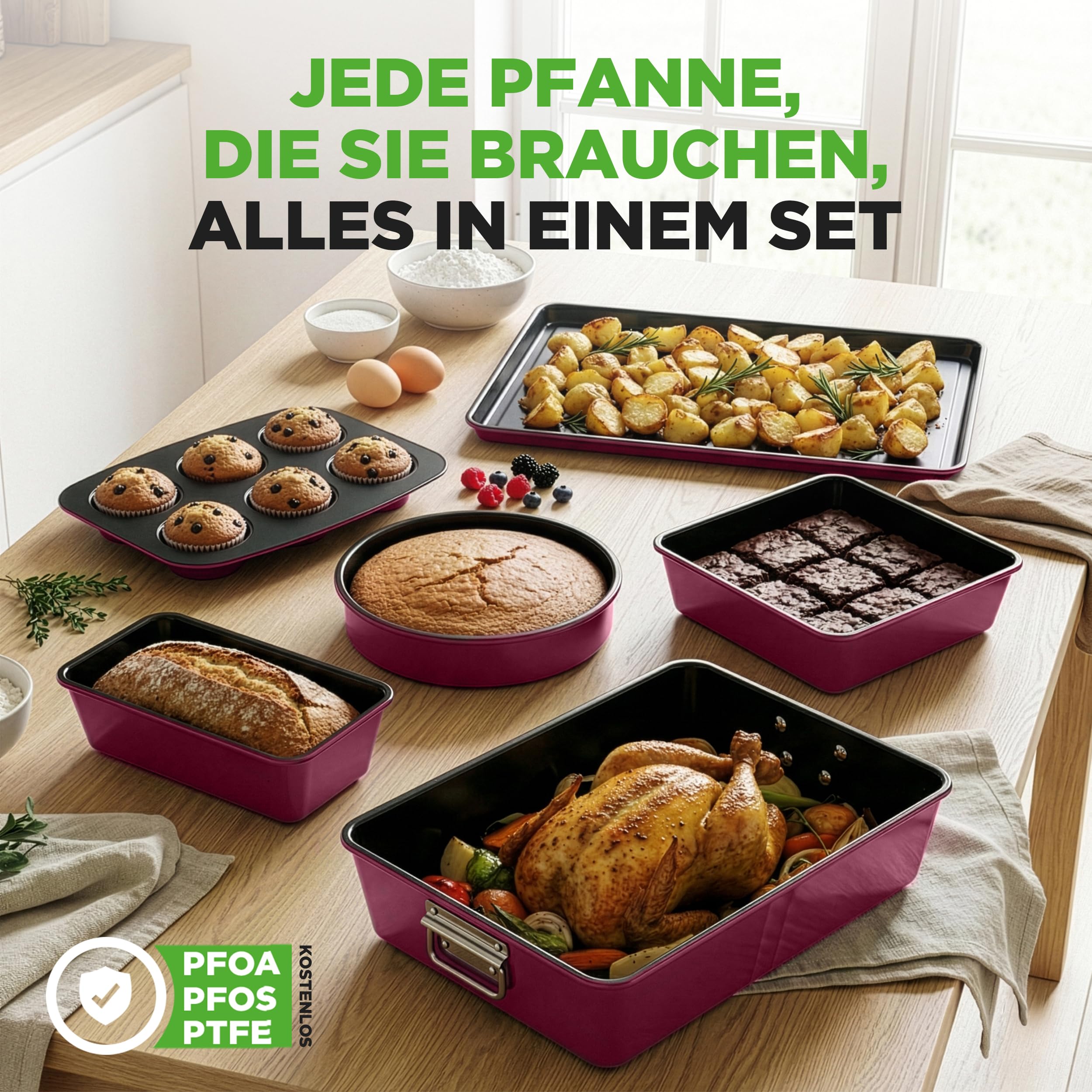 NutriChef Backformen Set 8-teilig – Auflaufform, Brotbackform, Backblech, Muffin Backform, Violet, Kuchenform rund & eckig, stapelbar & antihaft, spülmaschinenfest, ofenfest bis 230°C