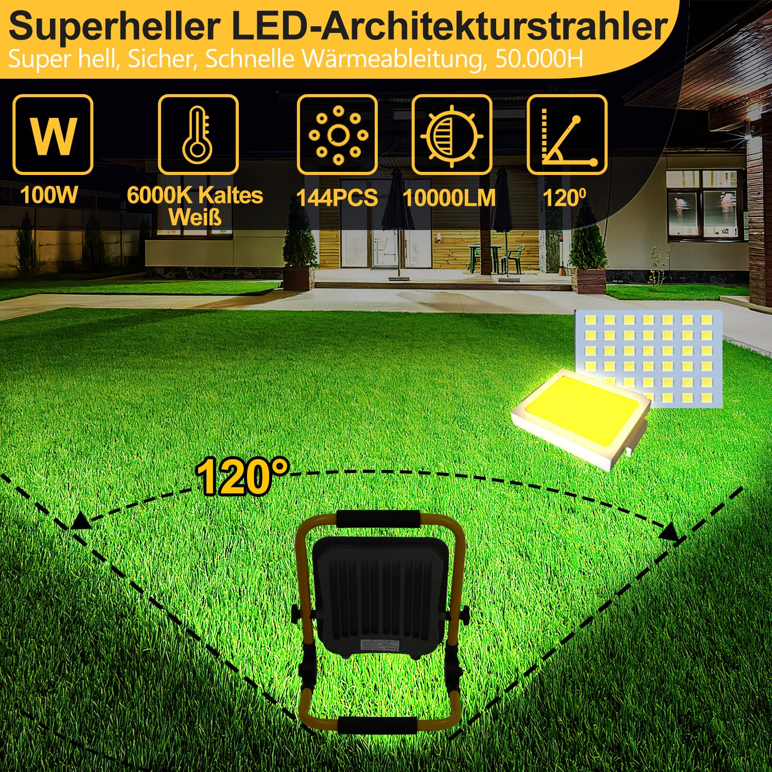 100 W LED oświetlenie robocze 10000 lm 144 diod LED IP66 wodoodporny reflektor roboczy 6000 K, zimna biała, składana reflektor reflektorowy, do wnętrz, 4 szt.