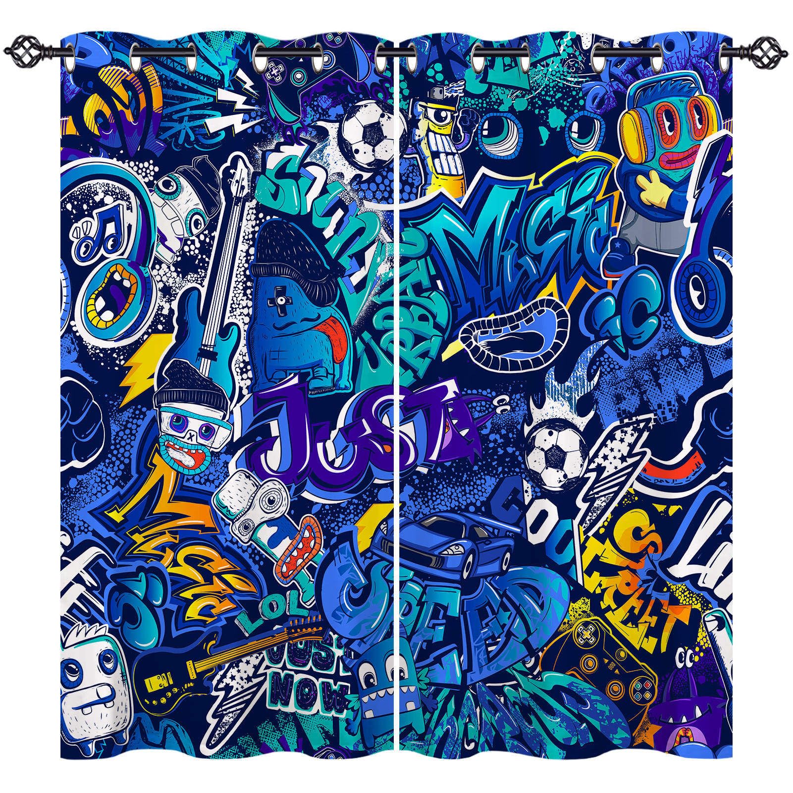 ANHOPE Graffiti Curtains Eyelet Soft Thermal Blackout Curtains Football Car Gamepad Doodle Print Pattern Soundproof Window Drapes for Kids Boys Gilrs Bedroom Living Room 52 x 63 Inch Drop 2 Panels