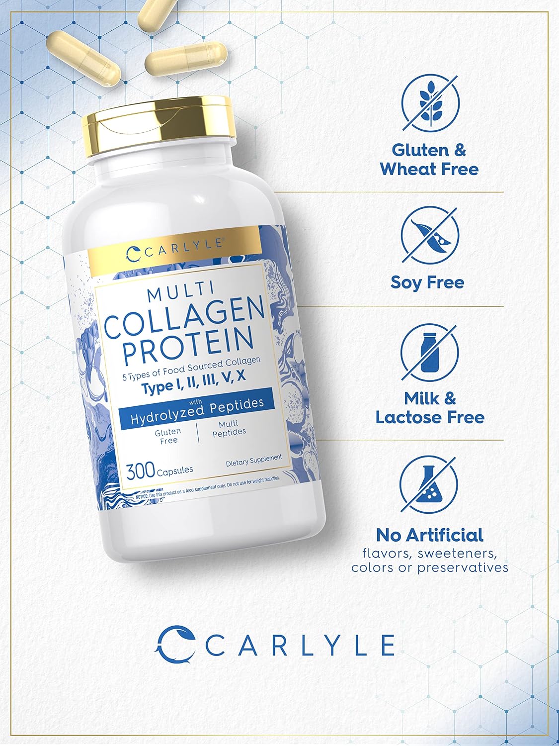Carlyle Multi Collagen Protein 2000mg | 300 Capsules | Type I, II, III, V, X | Collagen Peptide Pills | Keto & Paleo Friendly, Gluten Free Supplement