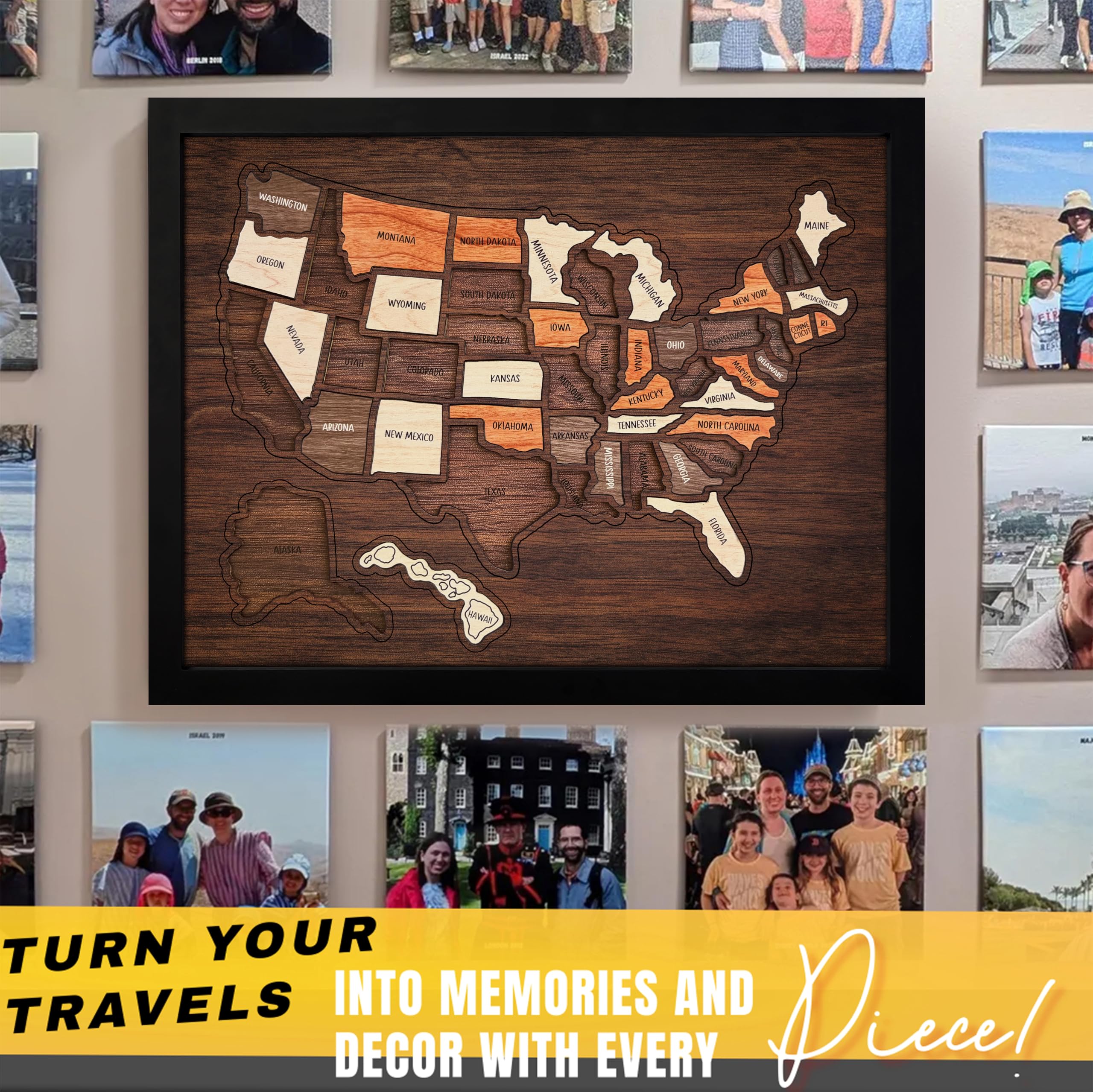 flinelife Carte de voyage des États-Unis, 43,2 x 33 cm, puzzle en bois, parfait pour les couples et les familles
