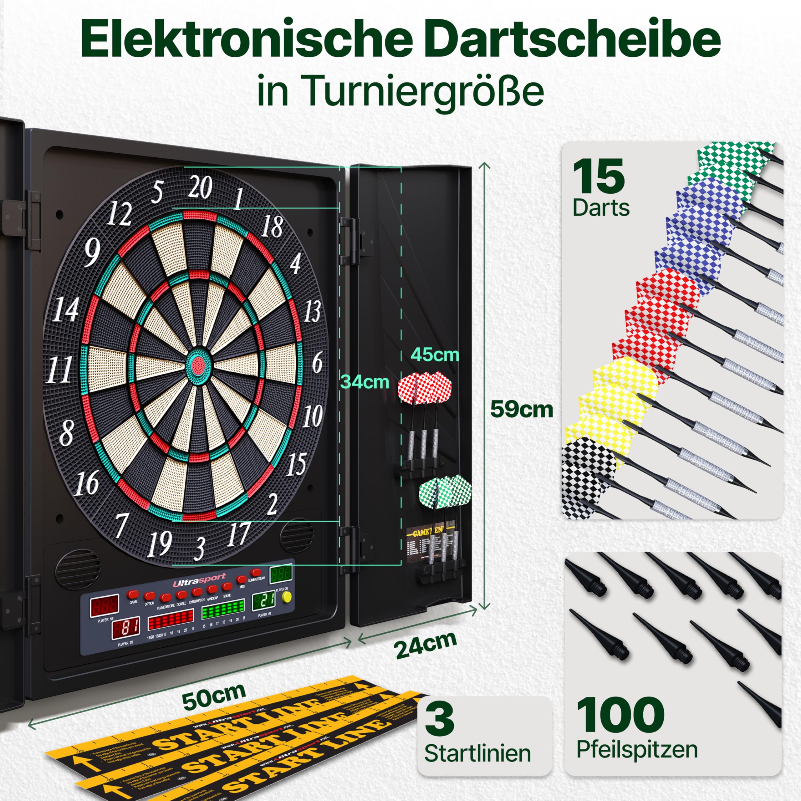 Ultrasport Dartscheibe Elektronisch Profi Set für 1-8 Spieler mit 15 Darts, 15 Pro Flights, 100 Pfeilspitzen, 3 Startlinien I Dartautomat