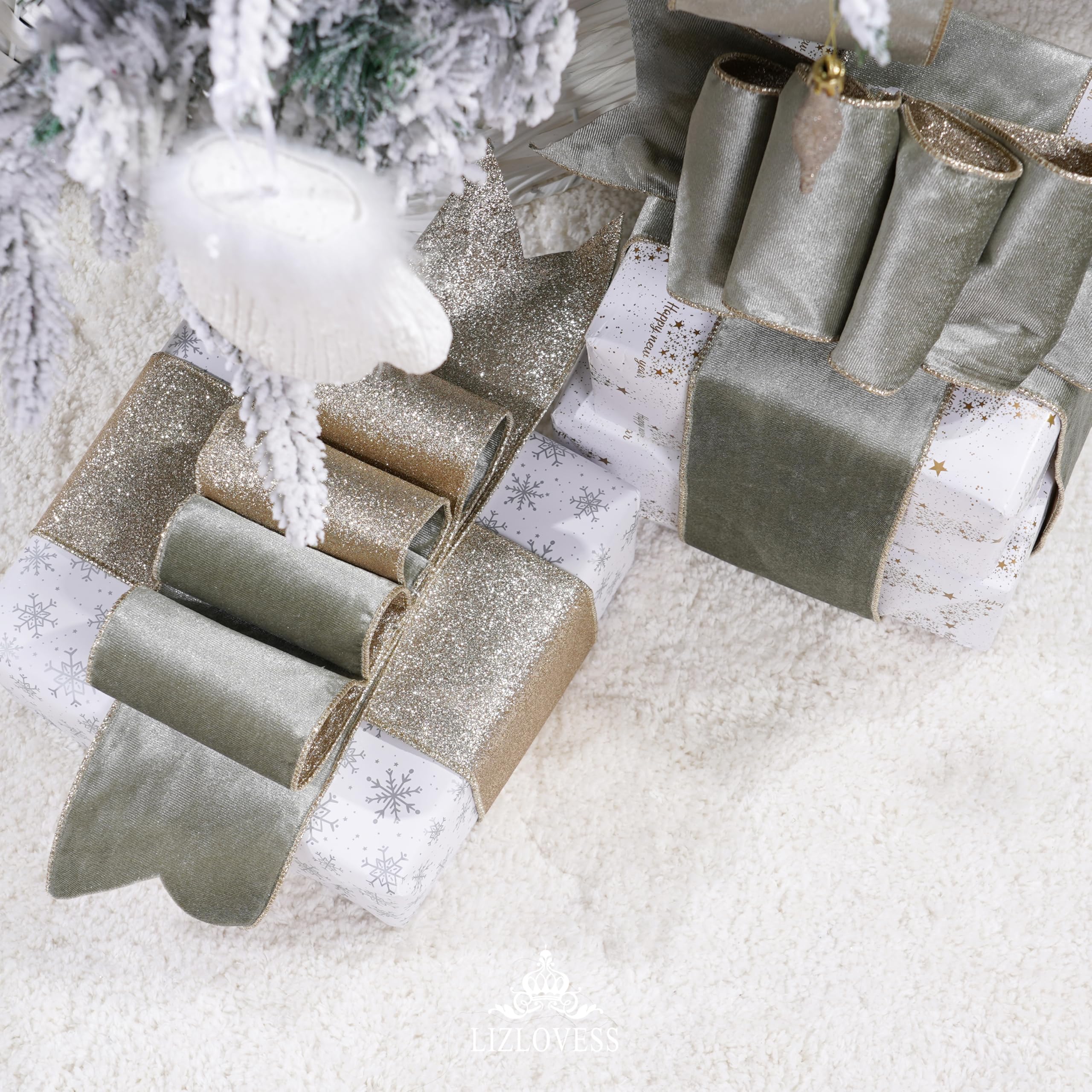 Samtband mit Glitzer-Rückseite, 10,2 cm, Grün und Gold, Weihnachtsband für Weihnachtsbaum, Geschenkverpackungen, Handwerk, Kränze, Topperschleifen (9,1 m)