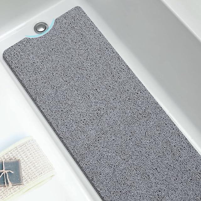 Loofah Mats for Shower, 40x100CM Non Slip Soft Textured Bath, Bathtub Mat with Drain, Phthalate Free, Quick Drying, Soft Comfort Bathroom Mats for Wet Areas (Grey)