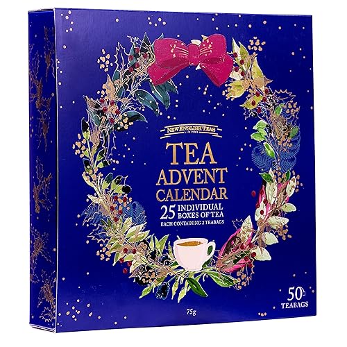New English Teas Calendario de Adviento de té de Navidad, 50 bolsitas de té pirámide, 5 té negro festivo, mezclas de frutas y hierbas