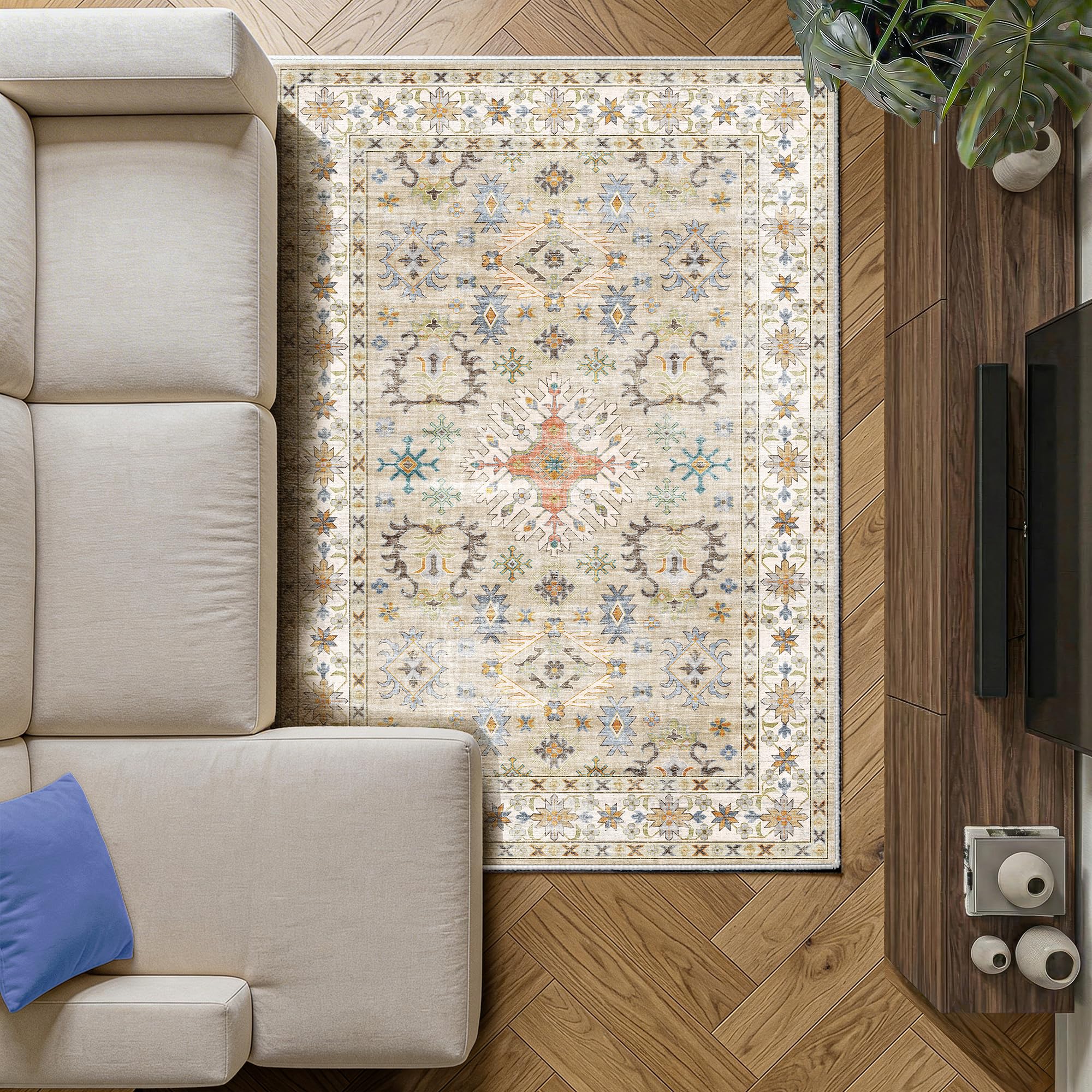 Decoranddecor Traditional Rug Living Room, 120x170cm – Washable, Low Pile, Pet Friendly, Modern Contemporary Design Bedroom Easy Clean Durable Carpet – Tessia — image 1