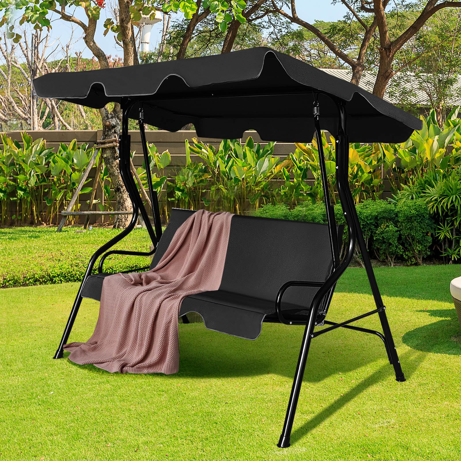COSTWAY 3-Sitzer Hollywoodschaukel, Gartenschaukel mit verstellbarem Dach, Schaukelbank für Garten, Terrasse & Hinterhof, 172 x 110 x 154 cm (Schwarz)
