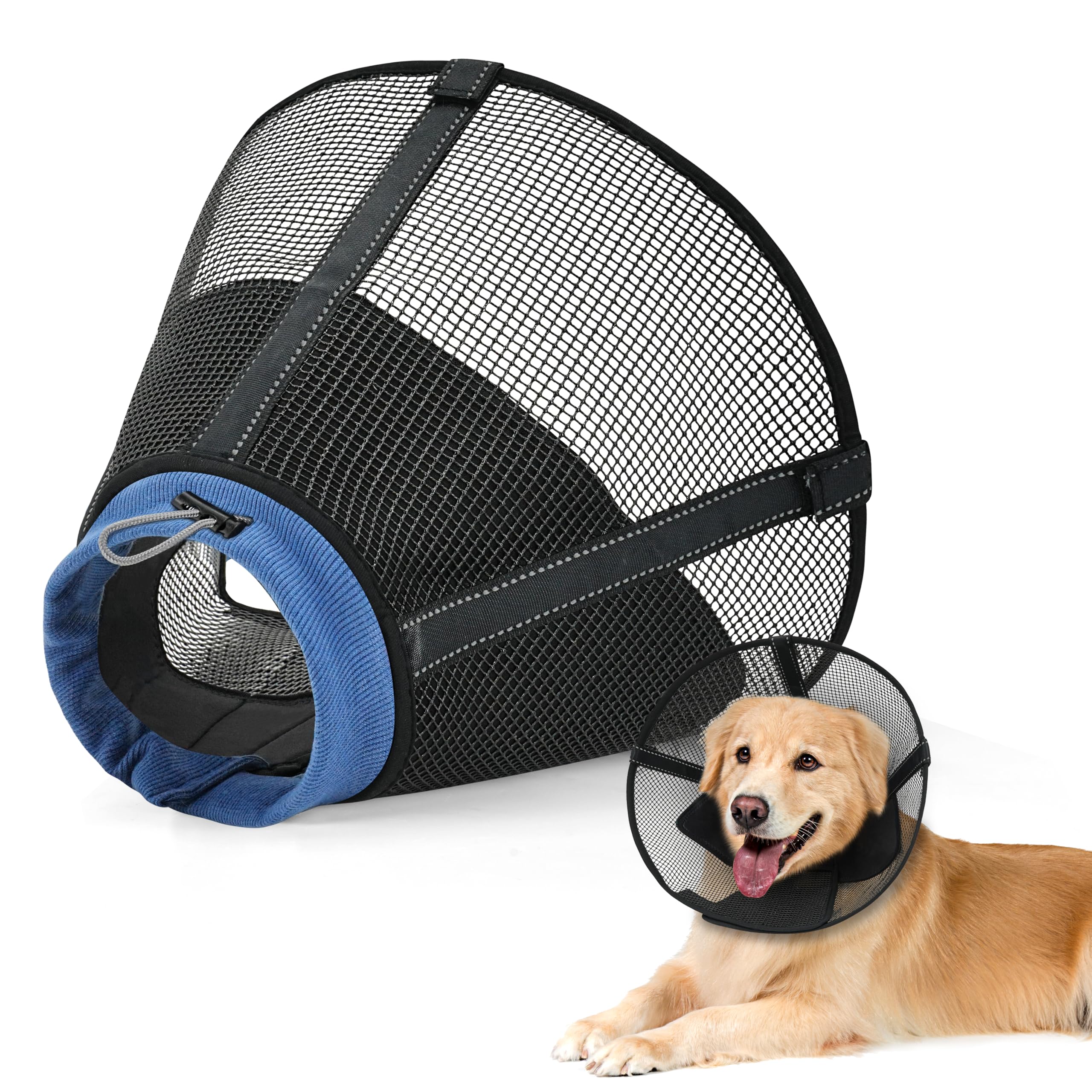 Dog Cone Collar to Stop Licking: Soft Mesh Recovery Collar After Surgery with Detachable Pad, Elizabeth Cone Alternative for Large Medium, Small Dogs, Normal Eating and Drinking (L,Black and Blue)