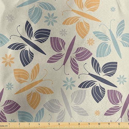 Ambesonne Butterfly Fabric by The Yard, Pastel Colored Spring Time Inspired Pattern Butterfly Silhouettes and Blossoms, Decorative Satin Fabric for