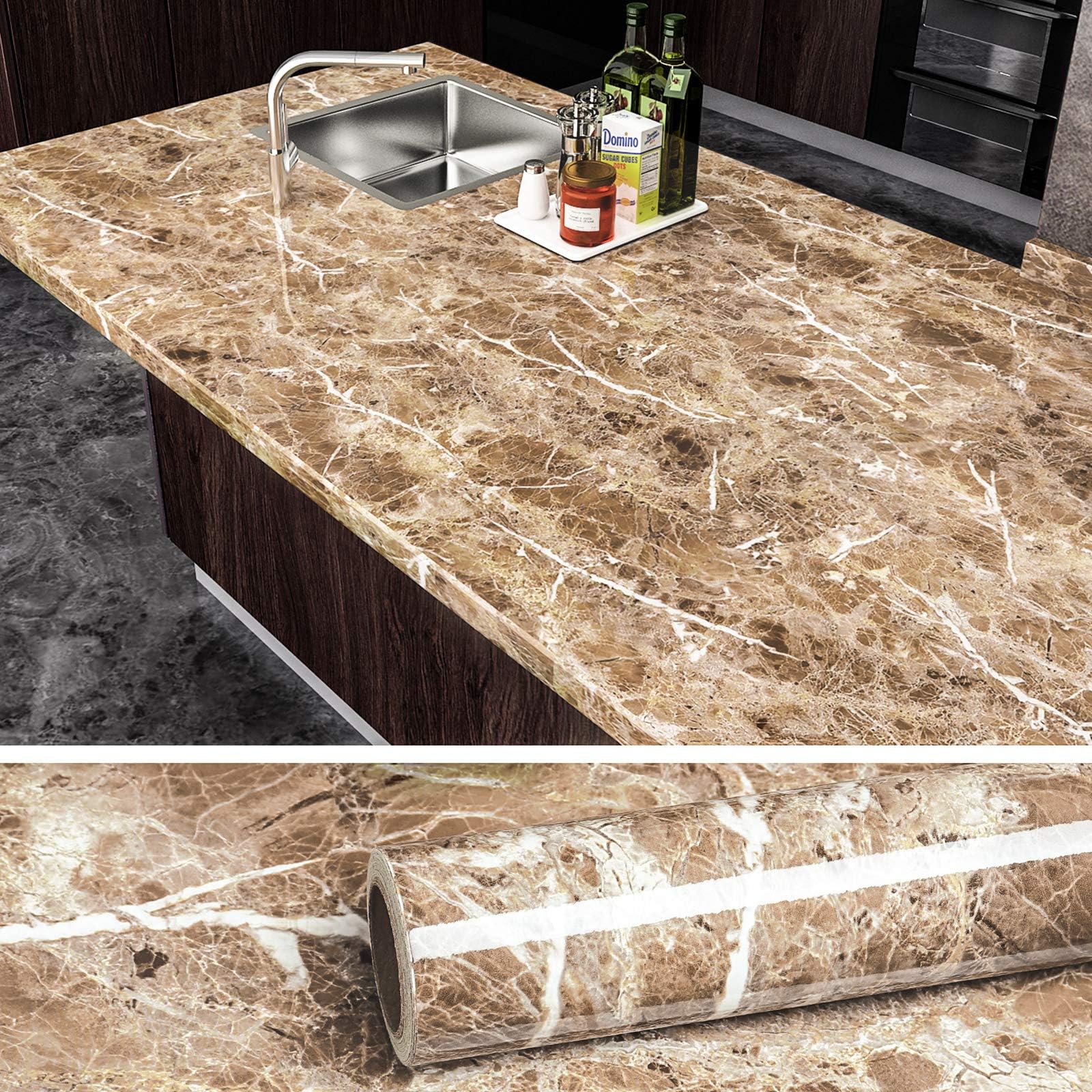 VEELIKEFaux Marble Counter Top Covers Peel and Stick Wallpaper Granite Contact Paper Decorative Kitchen Wall Paper Brown Waterproof Self Adhesive Removable Wallpaper for Cabinet Locker 15.7inx354in