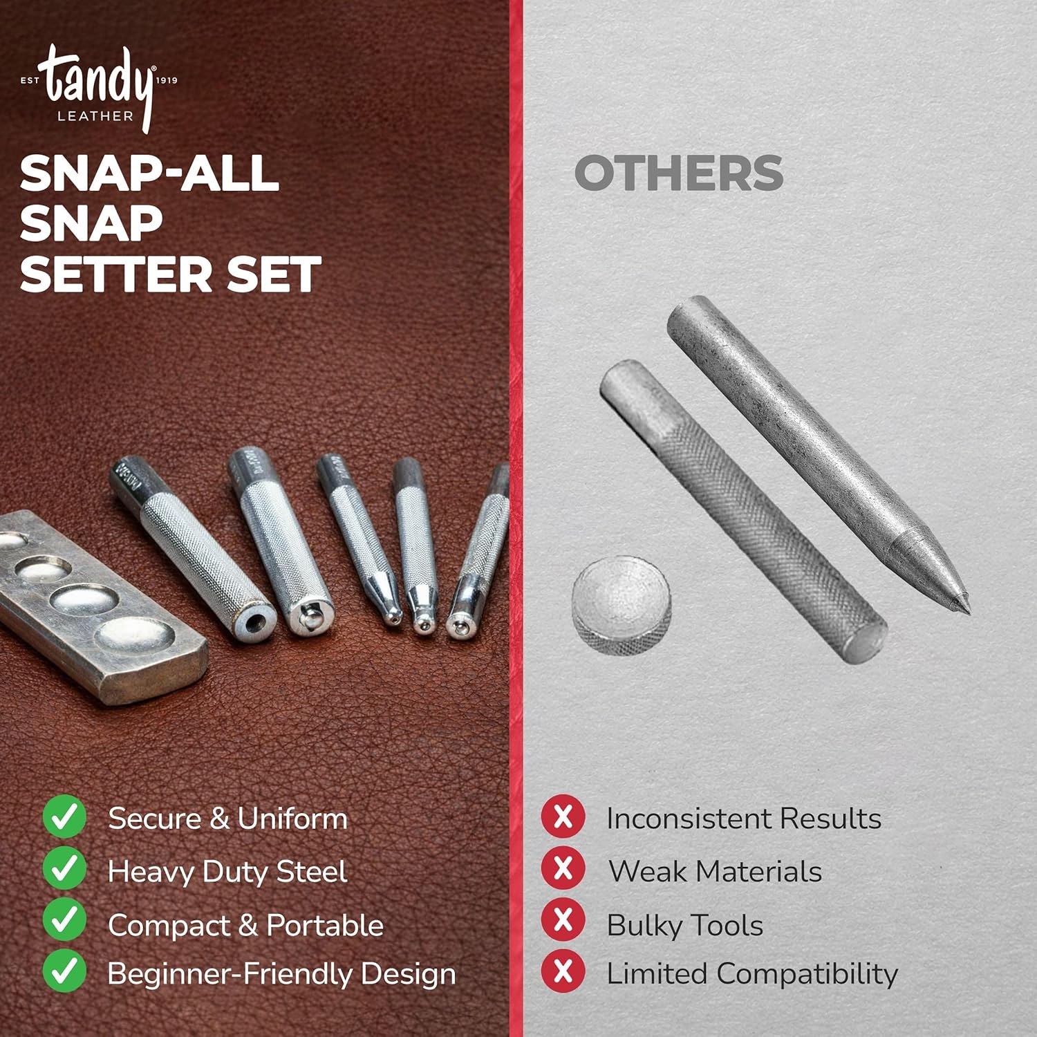 Tandy Leather Snap-All Snap Setter Set - Clean Snap Installation for Leather Crafts and Repairs - Manual Steel Tools for Consistent Results - 8108-10 - Metal Tool Set