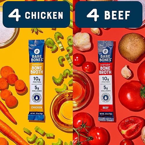 Miniatura 6 de Bare Bones Bone Broth - Mezcla de bebidas instantáneas en polvo, pollo y carne de res, paquete variado de 8, 4 pollos y 4 carne de res, palitos de