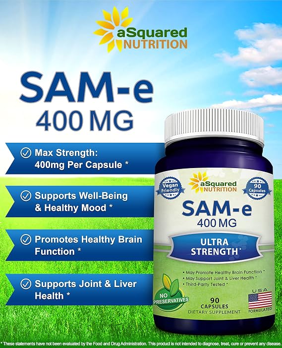 aSquared Nutrition SAM-e 400mg Supplement - 90 Capsules - Same (S-Adenosyl Methionine) to Support Mood, Joint Health, and Brain Function - Extra Strength Vegan SAM e Pills
