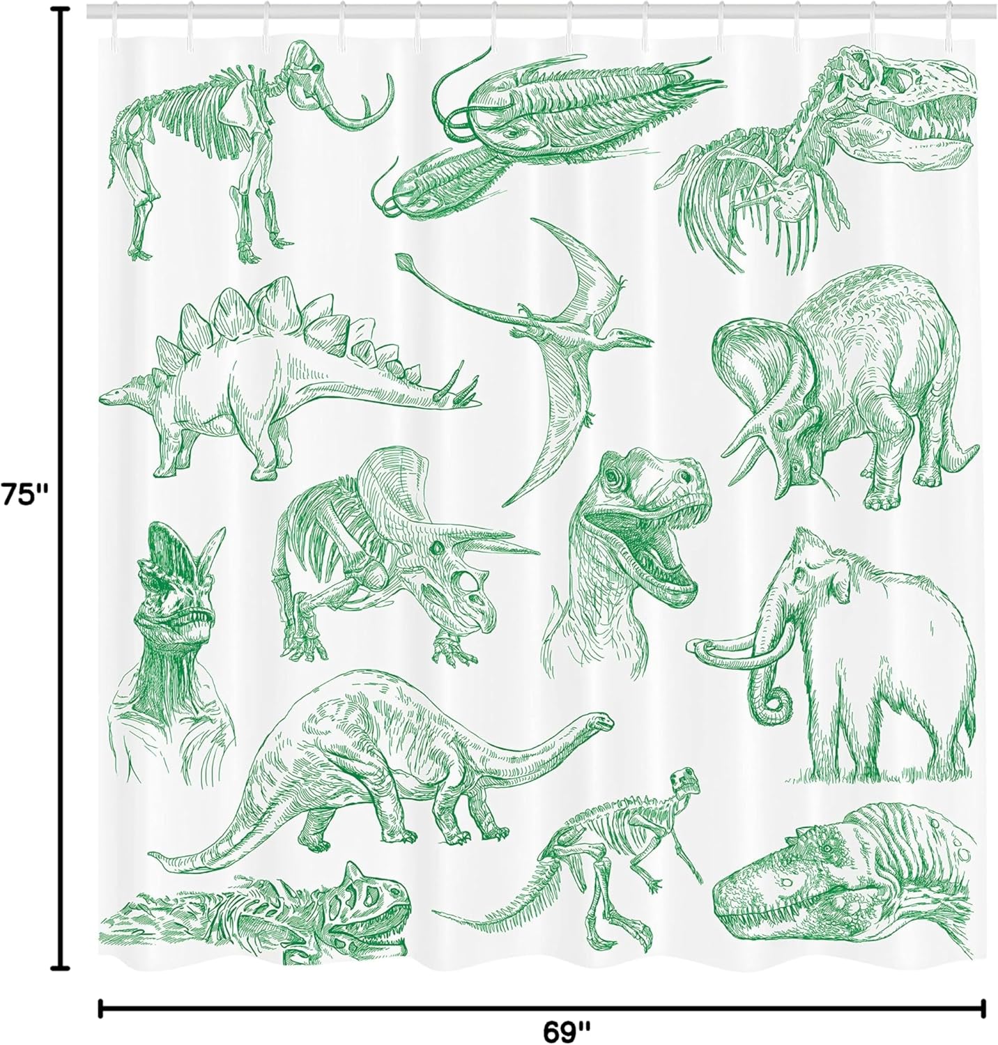 Ambesonne Jurassic Shower Curtain, Arrangement of Various Dinosaurs Illustrations Skeleton Biology Historic, Cloth Fabric Bathroom Decor Set with Hooks, 69" W x 75" L, Forest Green