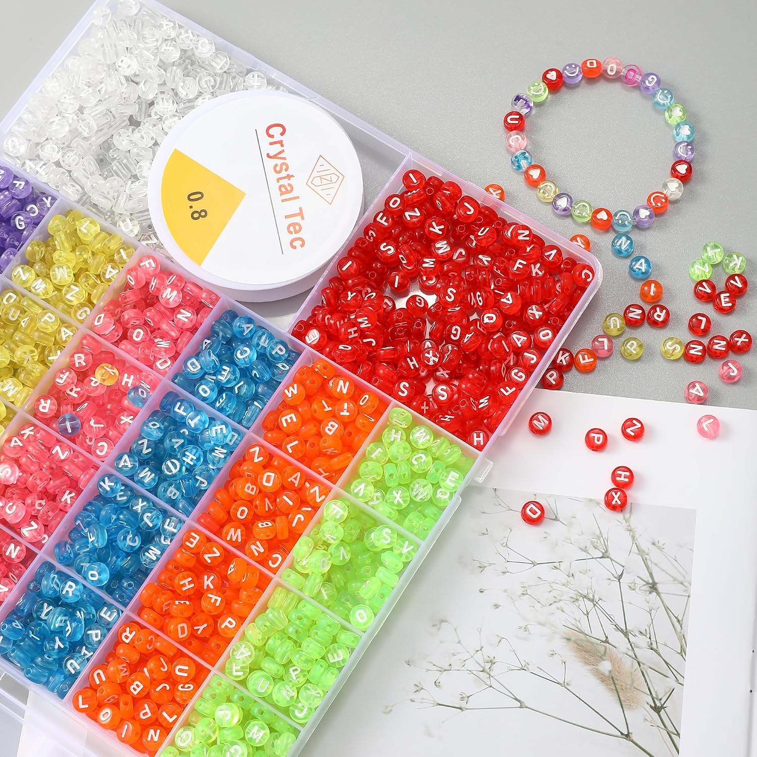 1250pcs 4x7mm White Round Acrylic Alphabet Beads A-Z Heart Beads with Numbers Crystal Line for Jewelry Bracelet, Necklace and Key Chains (Transparent Color) image 4