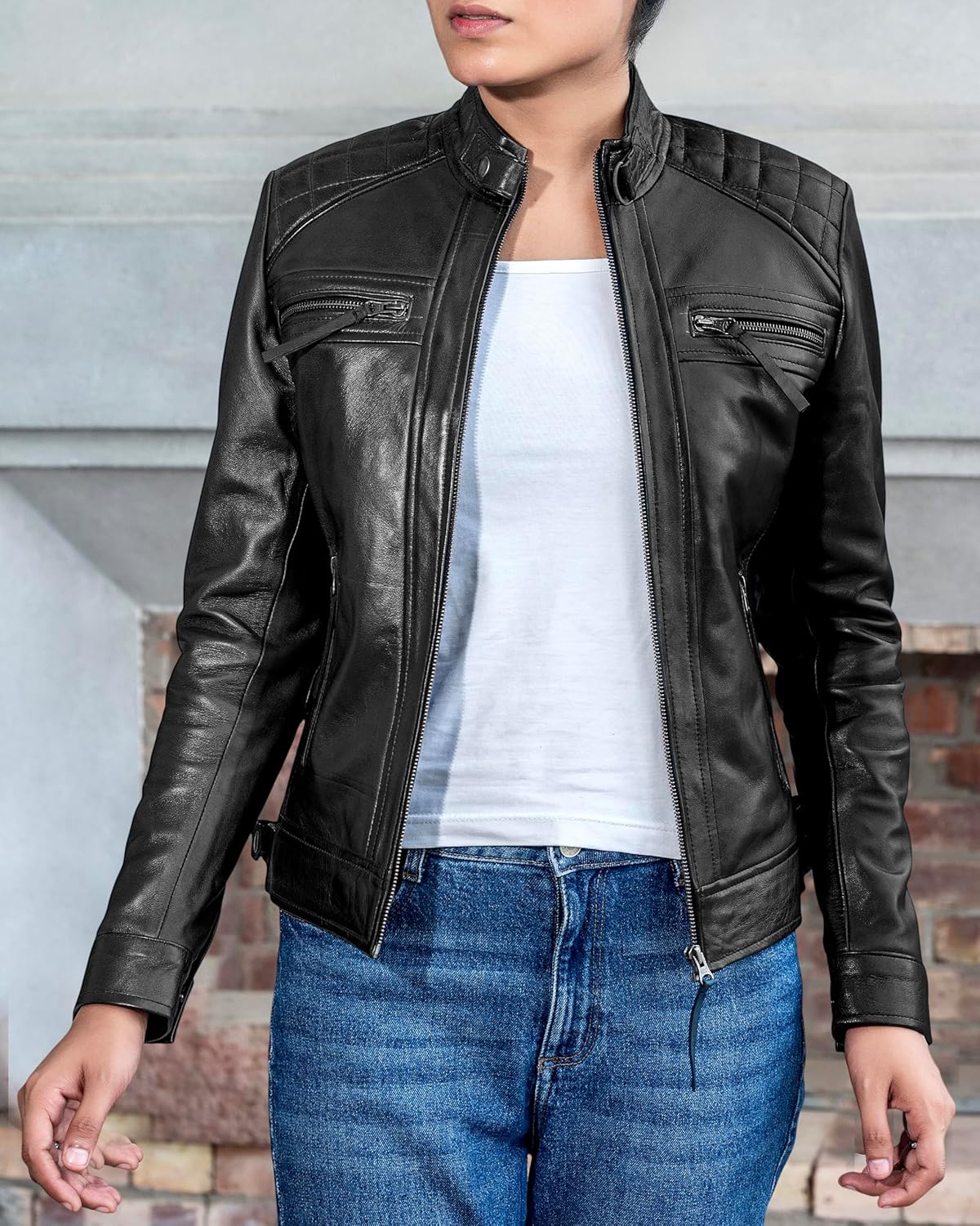 Jild Quilted Design Leather Jacket Women - Cafe Racer Style Real Lambskin Womens Leather Jacket - Image 4
