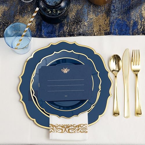 Miniatura 7 de 200 platos de plástico azul de alta calidad para 25 invitados, platos desechables azules y dorados, incluye 25 platos de plástico para cenapostre,