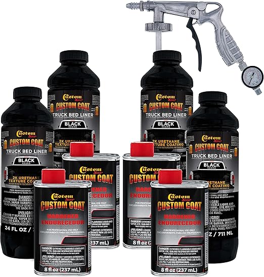 Custom Coat Black 1 Gallon Urethane Spray-On Truck Bed Liner Kit with Spray Gun and Regulator - Easy 3 to 1 Mix Ratio, Just Mix, Shake and Shoot It - Professional Durable Textured Protective Coating