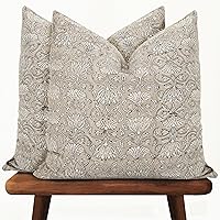 MaisonDeBlocs Hand-Block Printed Boho Throw Pillow Covers, 100% Cotton Beige Lina/Sansa 20x20 Inch Set of 2 for Sofa Bed Decor