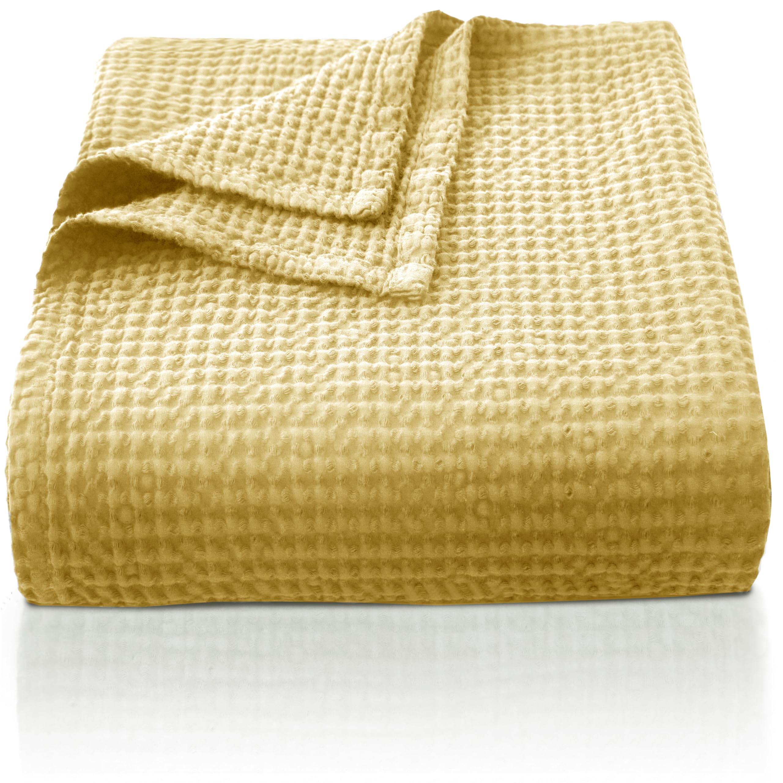 CHUFFED 100% Baumwolle Decke 130x 150 cm, Weiche und Atmungsaktive Tagesdecke, Waffelmuster Leichte Decke als Sofadecke Couchdecke, Weich Kuschelige Wohndecke Wohnzimmer, Sofa Couch Hellgelb