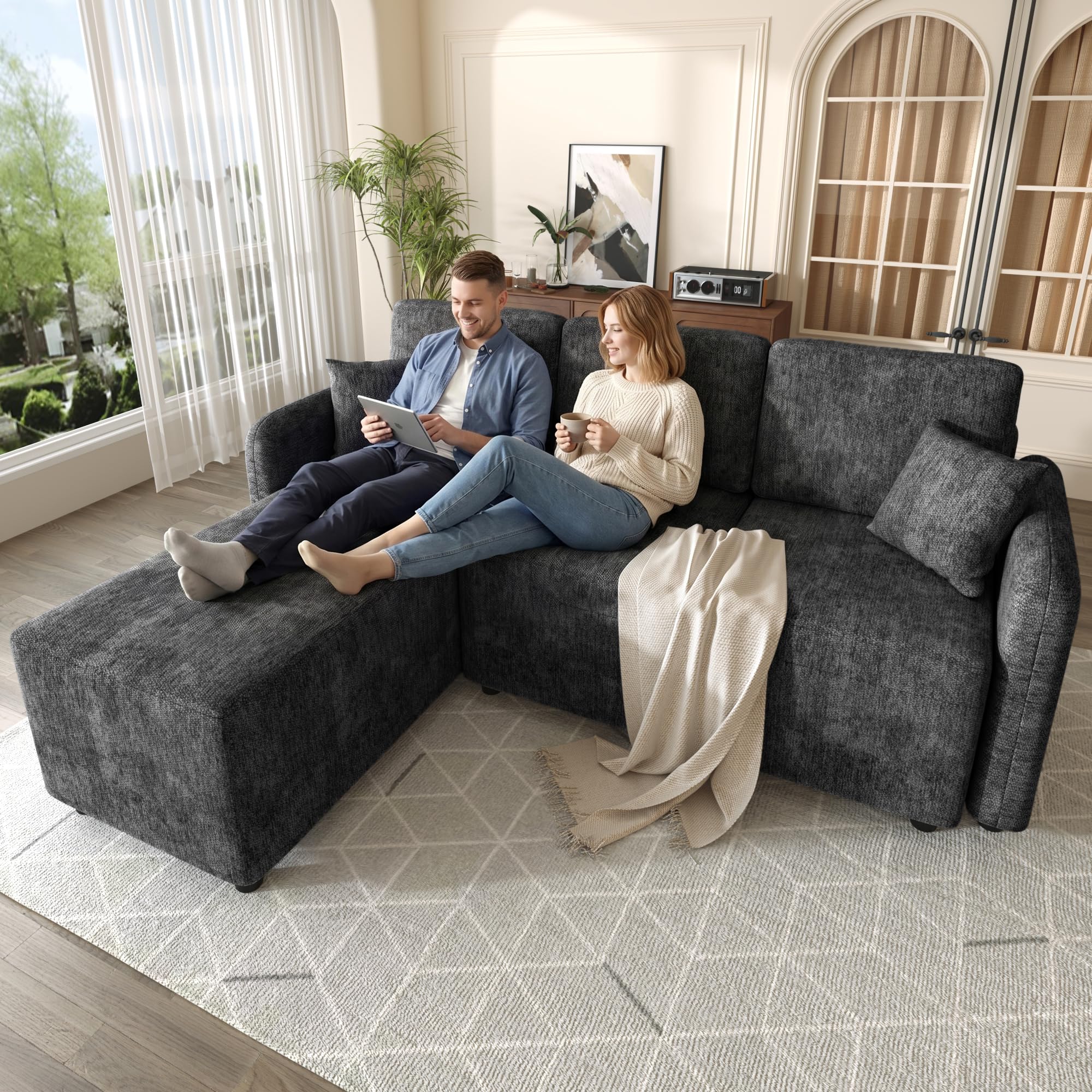 Merax Canapé d'angle 3 places en forme de L avec longue surface de couchage (144 cm), housse chenille et mousse haute densité, canapé confortable avec 2 coussins, capacité de charge 150 kg, pour