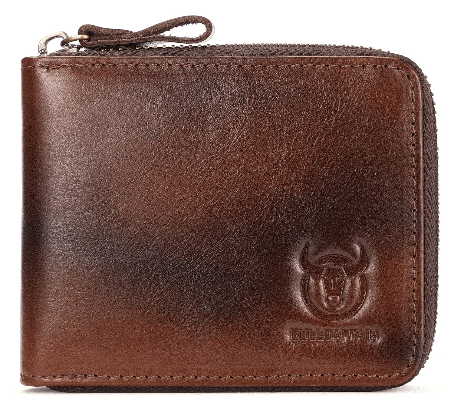 BULLCAPTAIN Mens Genuine Leather Zipper Wallet RFID Blocking Bifold Secure Zip Around Wallets Multi Credit Card Holder Purse (Handmade coffee)