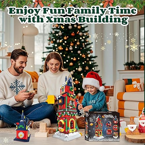 Miniatura 6 de Torre de cuenta regresiva de Navidad, juguetes de construcción de casa de aldea de Navidad con luz LED, reloj de cuenta regresiva, idea de regalo de