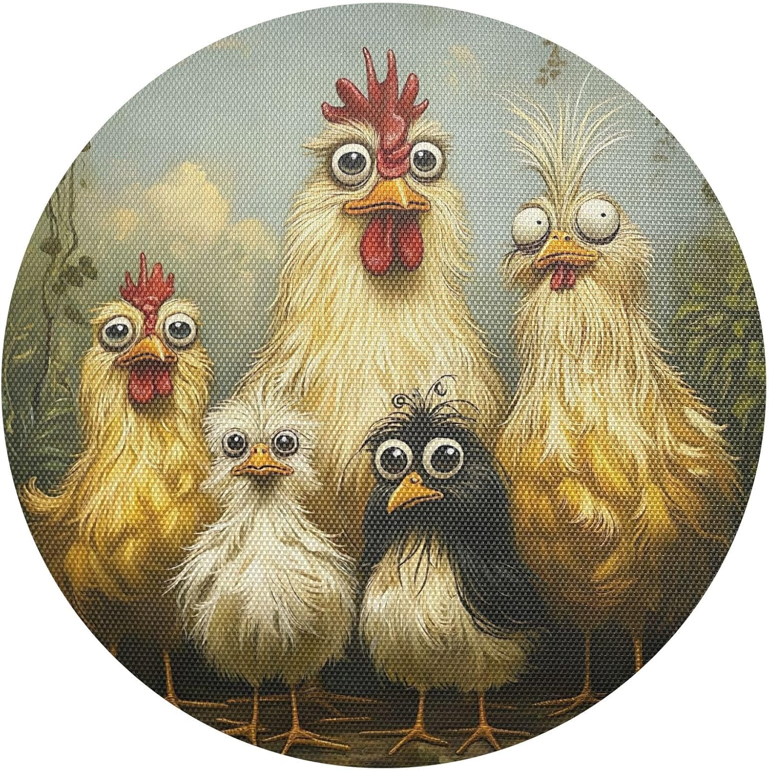 Cute Funny Chickens PVC Placemat, Washable Heat Resistant Round Placemats for Kitchen, Set of 6