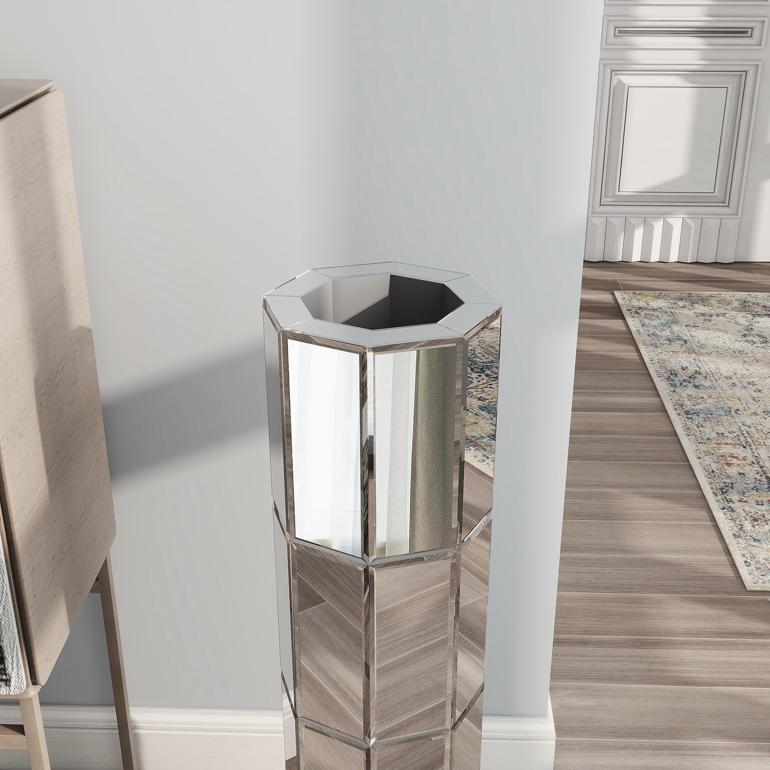 SHYFOY Bodenvase Groß 70 cm, Bodenvase Glas, Spiegelfläche, MDF-Struktur, Deko Bodenvase XXL für Kunstpflanzen und Pampasgras, Achteckiger Zylinder, Silber