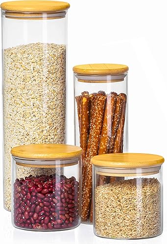 Crutello Recipientes de vidrio para almacenamiento de alimentos con tapas de bambú, recipientes de cristalería de cocina, paquete de 4, uno de 54 y