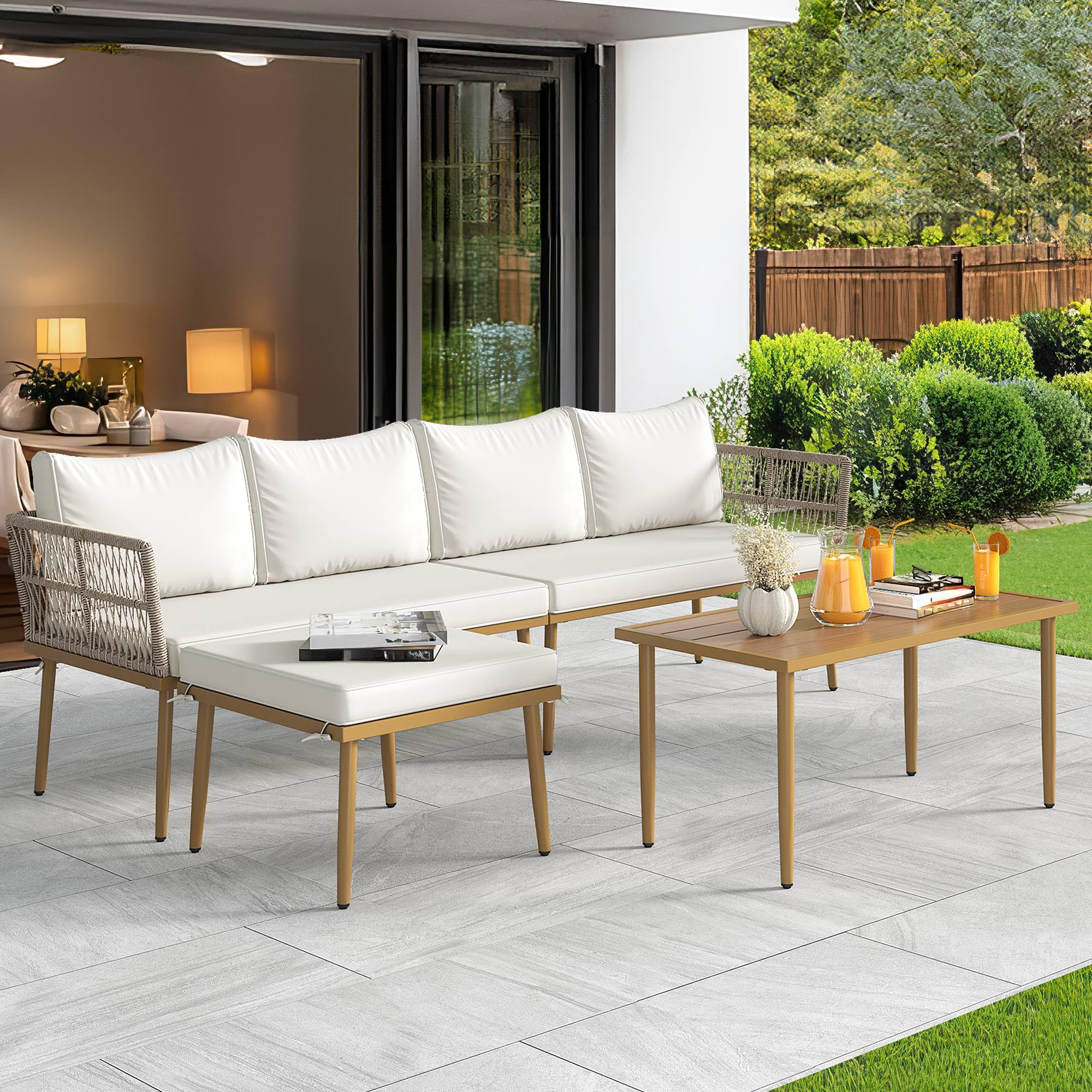 YITAHOME Patio Furniture Set, 6 Pieces Outdoor Rattan Woven Sectional Sofa Patio Loveseat with Ottoman and and Side Table, Conversation Set for Backyard, Porch, Boho - Beige