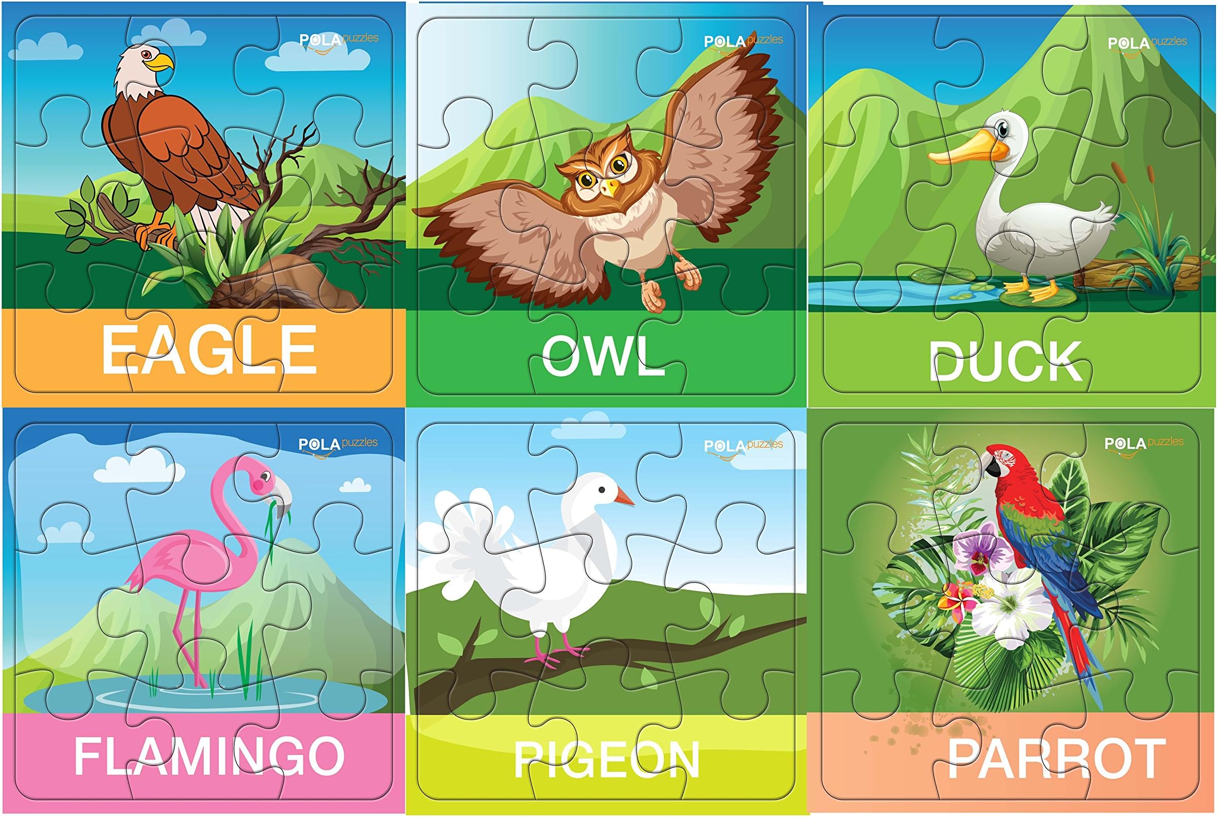 Pola Puzzles Bird Puzzles Tiling Puzzles 9 Pieces X 6 Puzzles for Kids Age 3 Years and Above Multi Color Size 11.2CM X 11.2CM Jigsaw Puzzles for Kids