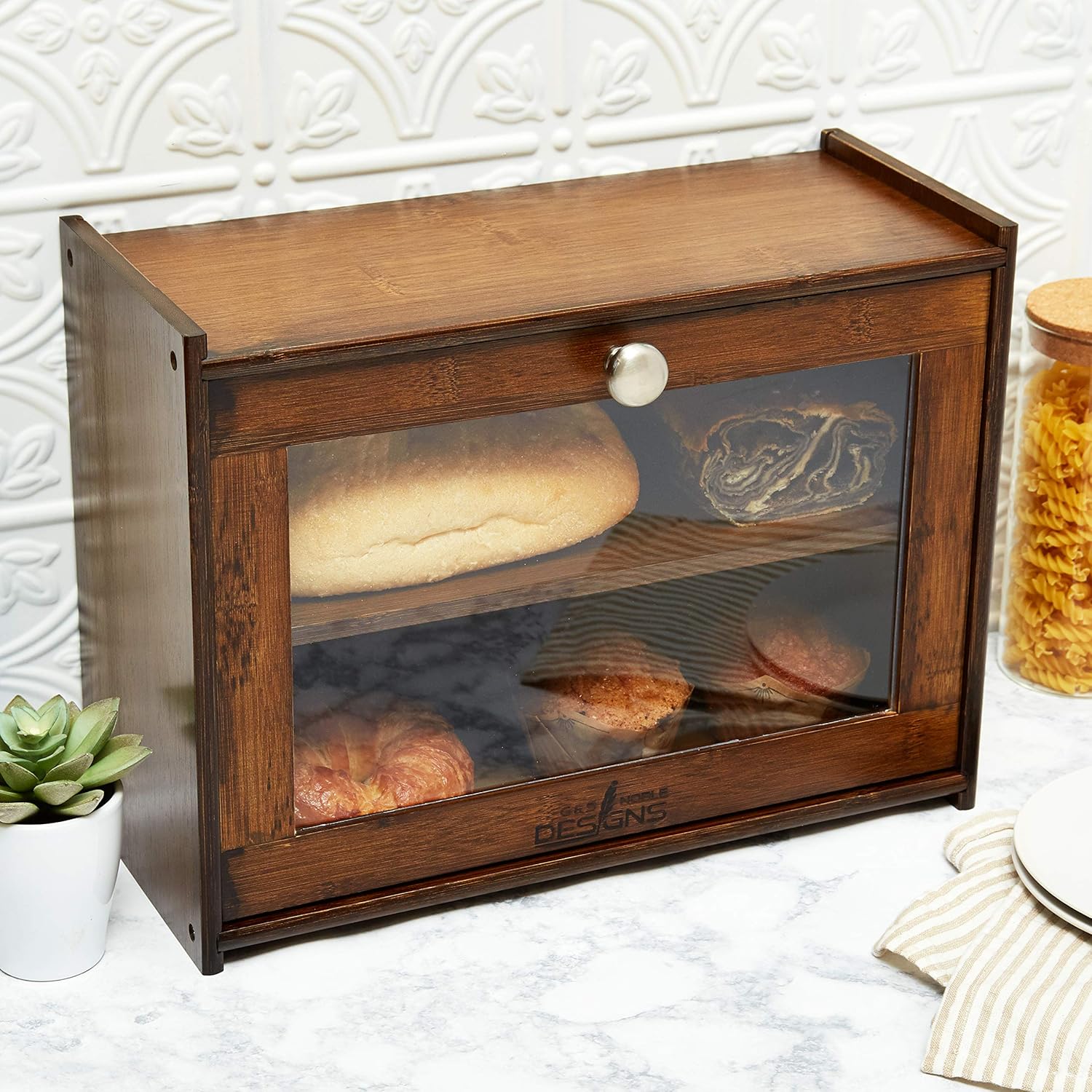 🛒 Crаzу Dеаlѕ G&S Noble Designs Double Layer Bread Box - Ships Fully Assembled - Acrylic Window - Kitchen Bread Storage - Brushed Nickel Handle - Countertop Keeper - Loaf/Dessert - Airtight - Bread Saver -Dark Wood