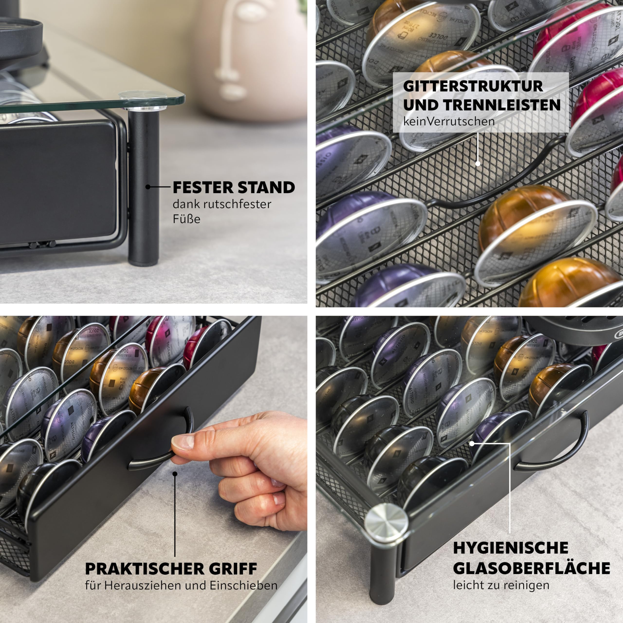 eluno Soporte para 40 cápsulas Nespresso Vertuo, cajón, soporte para máquina de cristal de metal y placa de cristal, caja de cápsulas de café, dispensador de cápsulas (transparente)