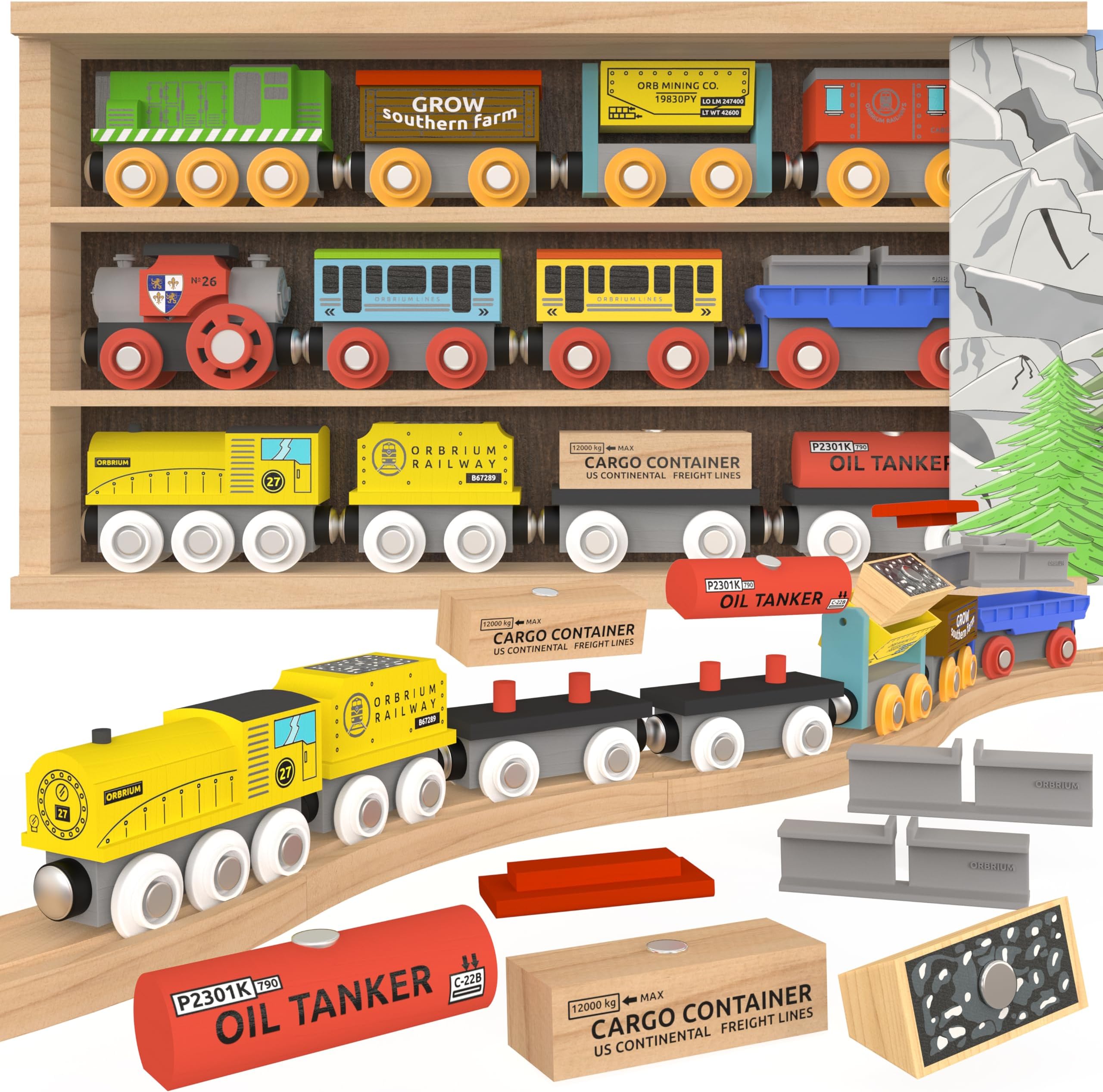 Orbrium Toys 12 (20 Pcs) Wooden Train Cars For Kids + Dual-Use Box Cover/Tunnel Set Trains Toy Compatible With Thomas Railway, Brio