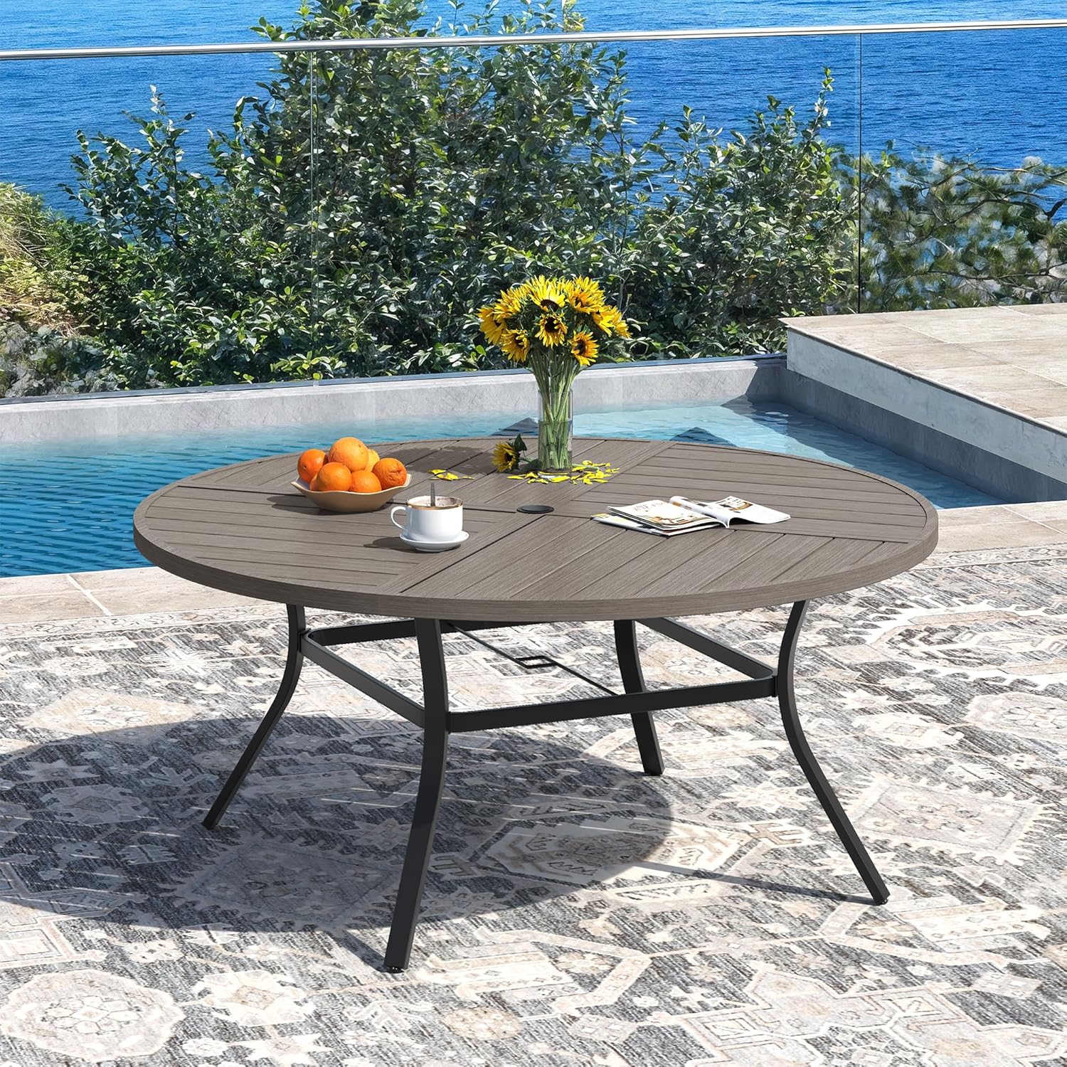 DIFY 9 Pieces Outdoor Patio Dining Set for 8, 53.1" Grey Wood-Like Round Metal Dining Table and 8 Sandshell Stackable Textilene Patio Chairs, Outdoor Table and Chairs for Backyard Garden Poolside