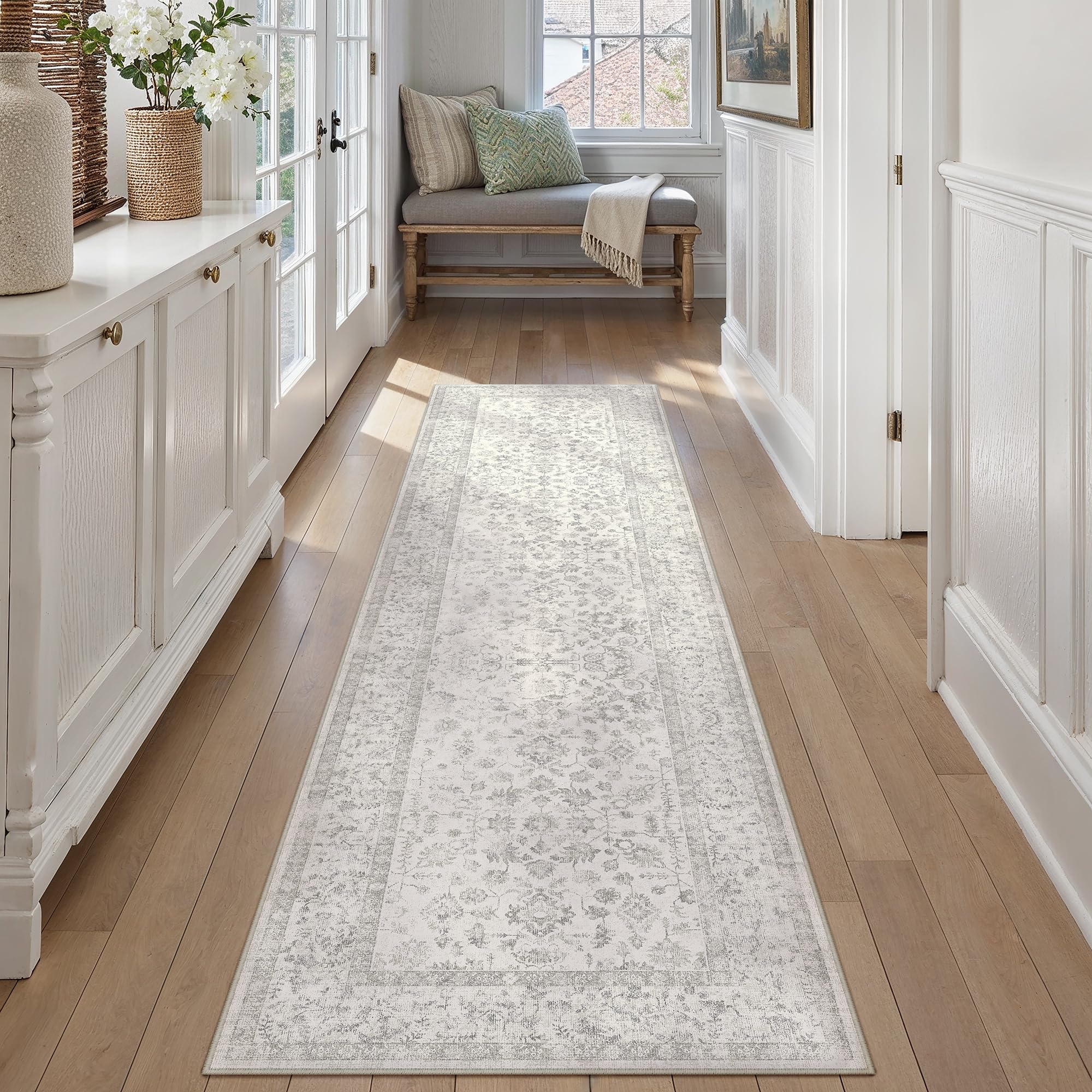PureCozy Grey Runner Rugs for Hallway 60x240cm Long Vintage Floral Area Rug Washable Non Slip Bobo Lounge Bedroom Kitchen Bedside Office Corridor Indoor Bathroom Carpet Dining Living Room — image 1