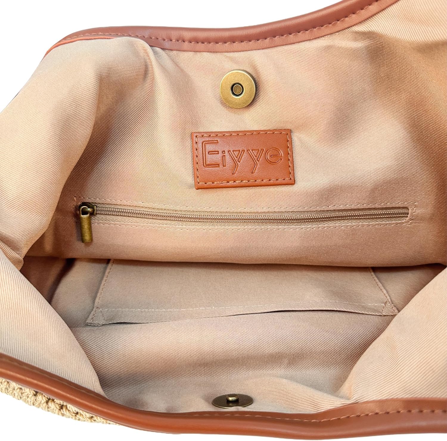 Eiyye Crochet Purse for Women Handmade Flat Woven Shoulder Purse with Wide Leather Straps Lightweight Boho Bag for Shopping Travel Daily Use