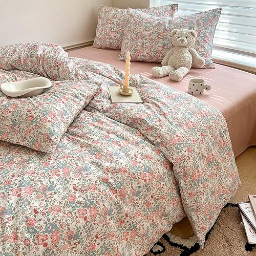 Miniatura 9 de VClife Juego de funda de edredón de algodón tamaño Queen, bonito juego de ropa de cama floral desgastada, cierre de cremallera y lazos en las