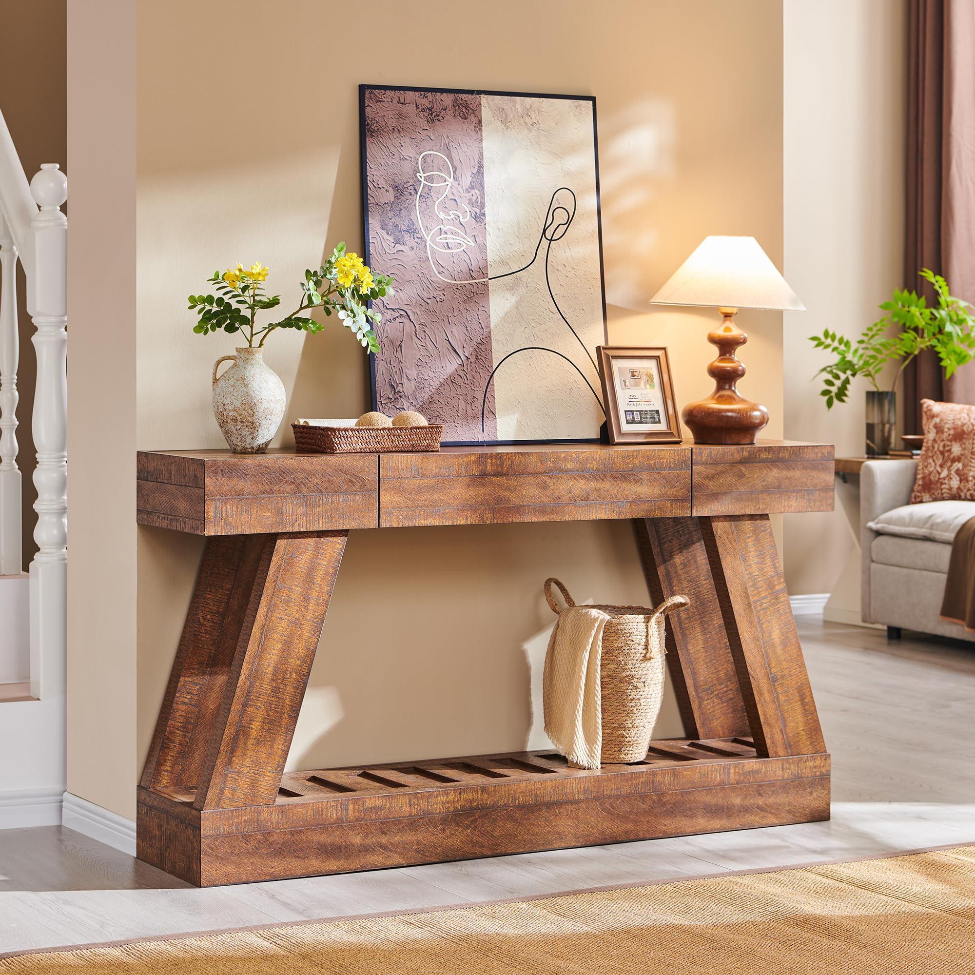 60"Farmhouse Entryway Table, Entry Table with Drawer, Wooden Hallway Foyer Table with Heavy Duty Base, Narrow Long Console Table for Entryway, Wood