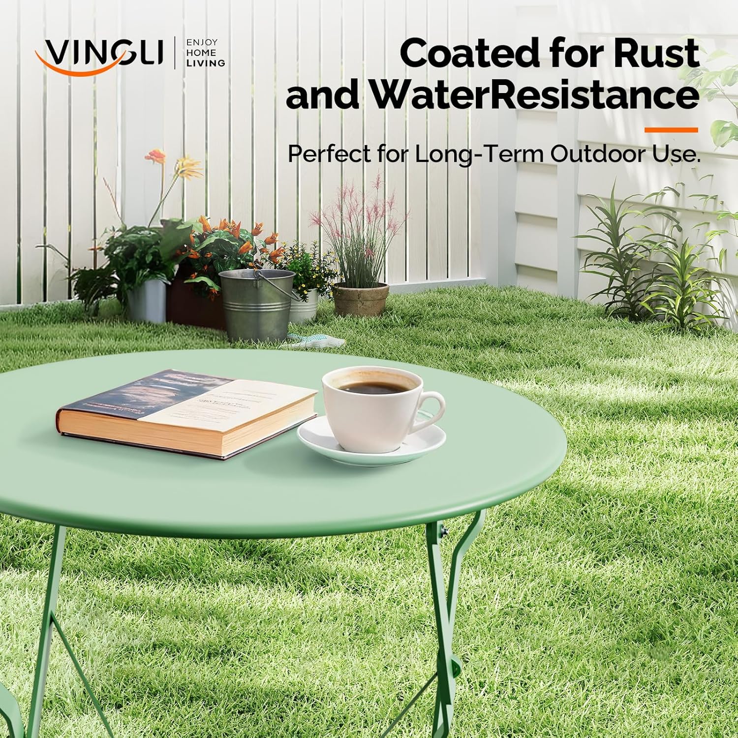 VINGLI Outdoor Folding Bistro Table and Chairs Set of 2, 3-Piece Bistro Set with Premium Steel Frame and Comfortable Cushions for Patio, Balcony, Garden, Porch, Yard, Green