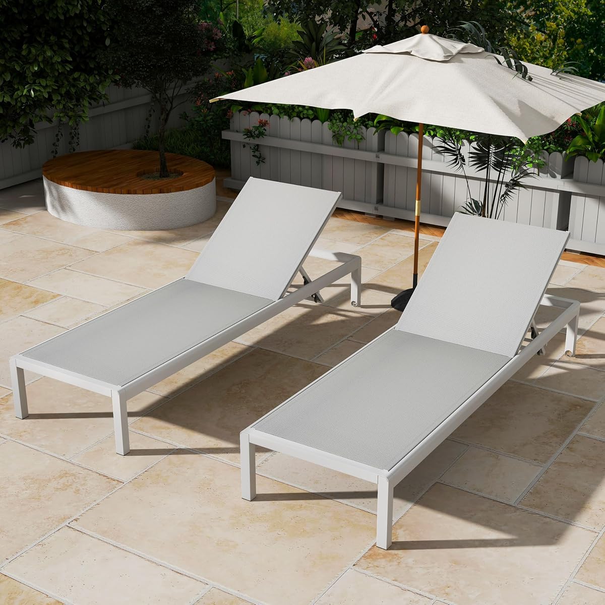 Juego de 2 tumbonas Berton con asiento de malla para exteriores, sofá individual con marco de aluminio ajustable para patio, asientos junto a la piscina/jardín/patio trasero, muebles para todo tipo de clima, gris+blanco