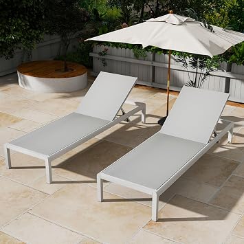 YOPTO Aluminum Chaise Lounge Ourdoor Set of 2,Patio Lounge Chair with 5 Adjustable Backrest and Mesh Seat,Full Flat Tanning Chair Recliner for Beach,Pool,Lawn,Gray White
