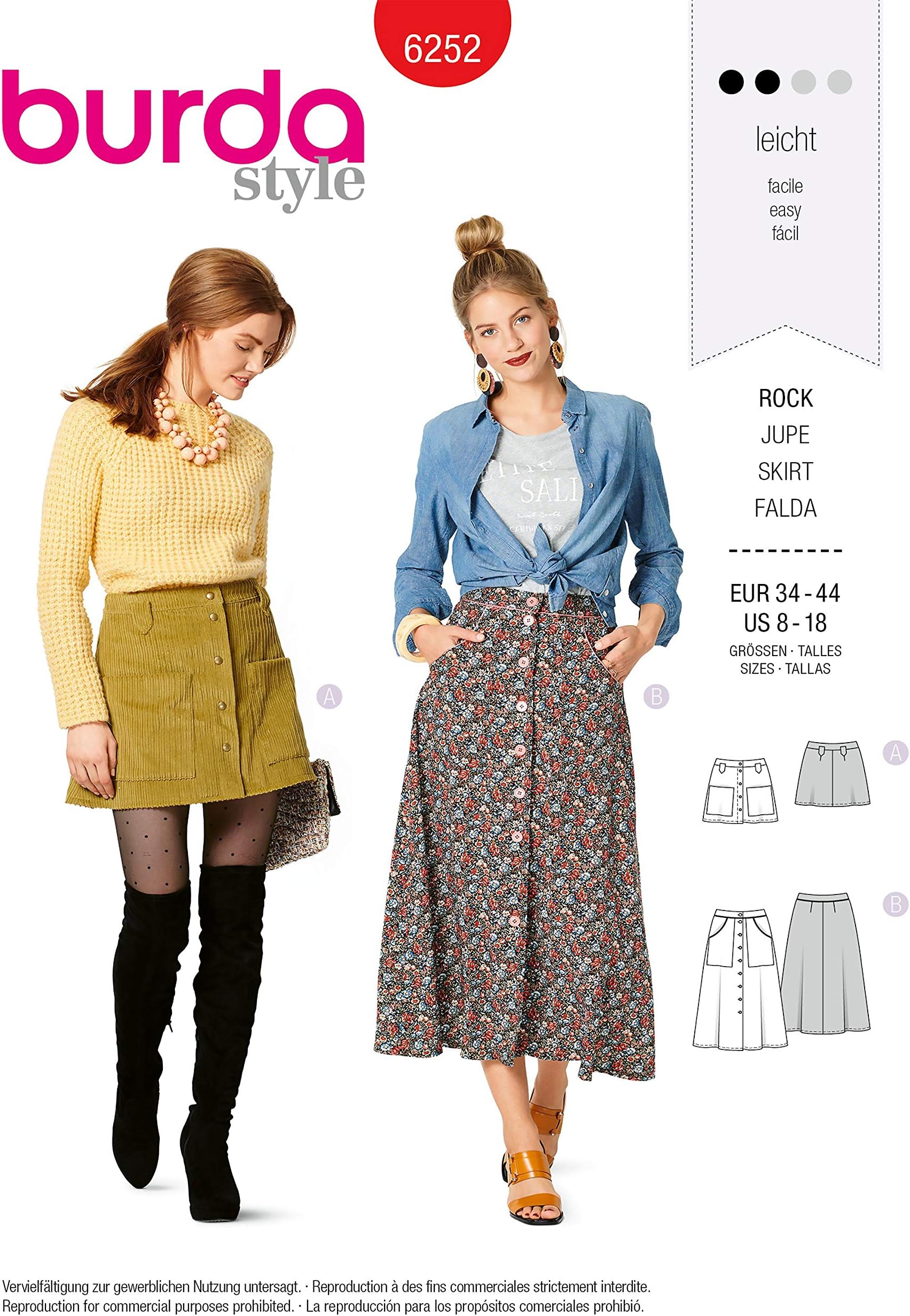 Burda Style Sewing Pattern 6252 - Misses' Skirts, Front Fastening, Mini or Midi Length with Pocket Variations, Size: A (8-10-12-14-16-18)