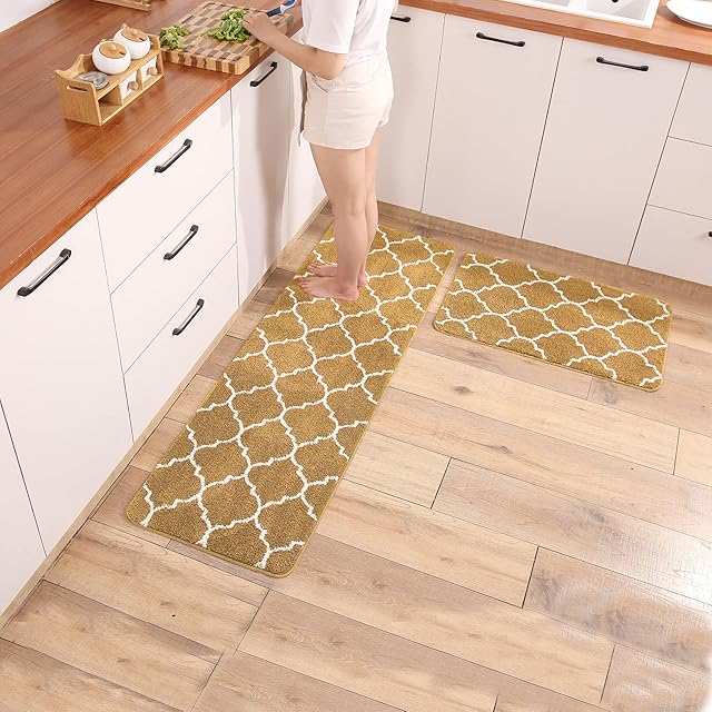 TiRiSMART Kitchen Rugs Non Slip Washable Sets 2 Piece Kitchen Mat Absorbent Soft Microfiber Cushioned Antifouling and Oil Drainage (43cm*61cm+43cm*122cm),Khaki