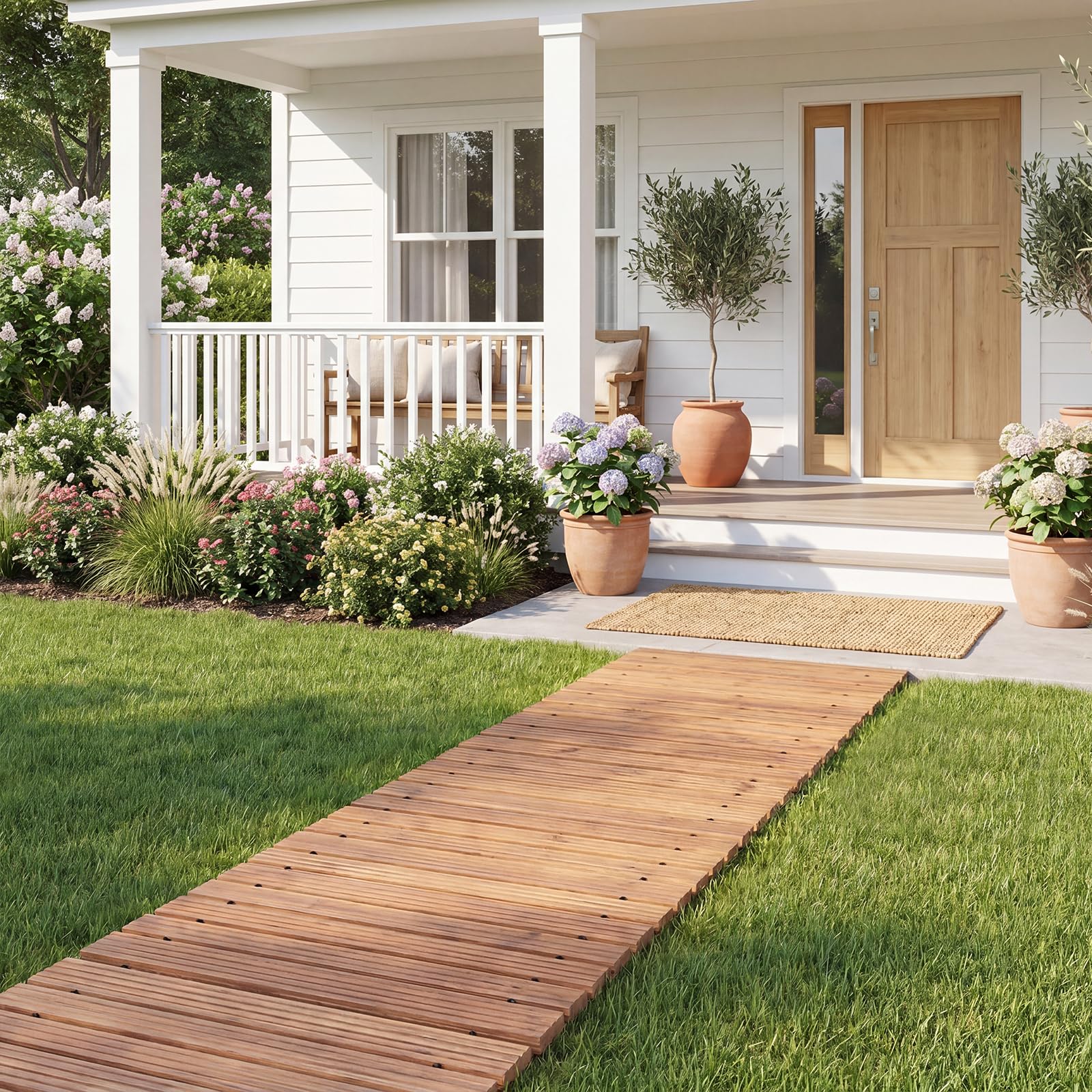 GYMAX 367 cm Rollweg, Holzpfad ausrollbar mit Rutschfester Oberfläche, wetterfester Gartentritt, tragbarer Gartenweg für Garten, Rasen, Strand, Hochzeit, Party (Natur)