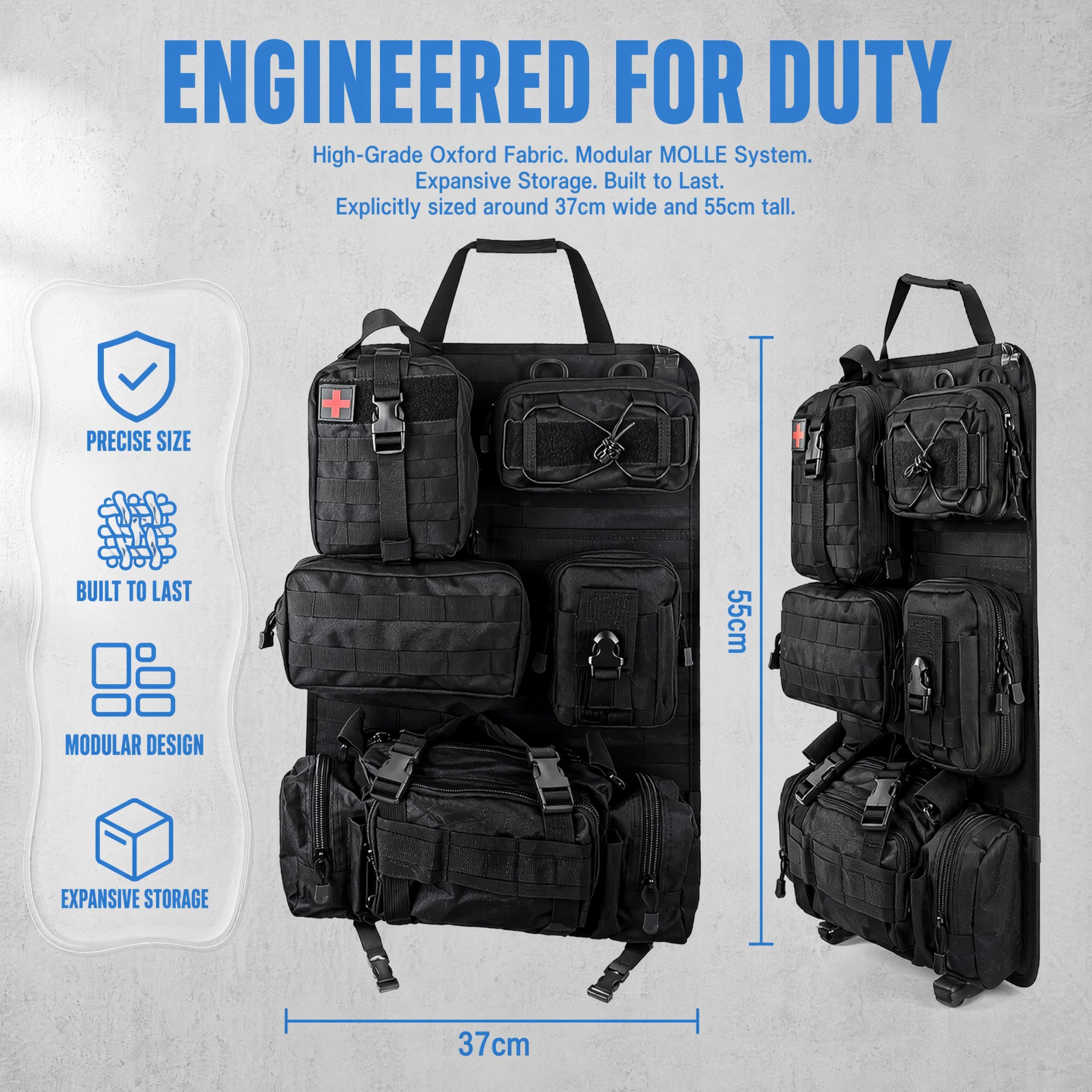 Universeller taktischer Organizer für die Rückseite von Autositzen mit 5 abnehmbaren Molle-Taschen für Auto, SUV