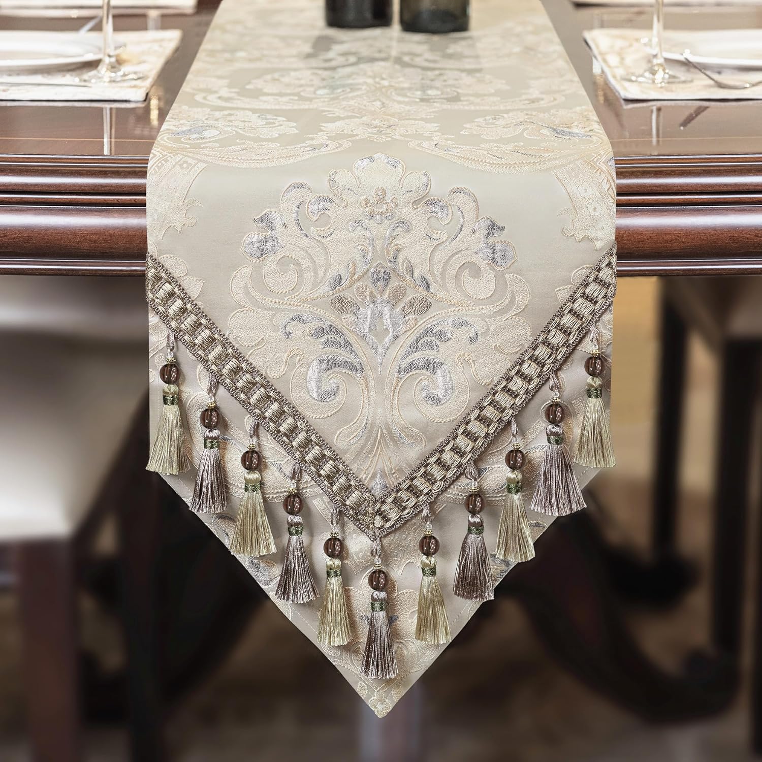 Loom and Mill Luxury Table Runner 72 Inches Long, Elegant Jacquard Dining Table Runners with Handmade Multi-Tassels for Dining Room Dresser Party Holiday Banquet Decoration(Gray, 13*72 inch)